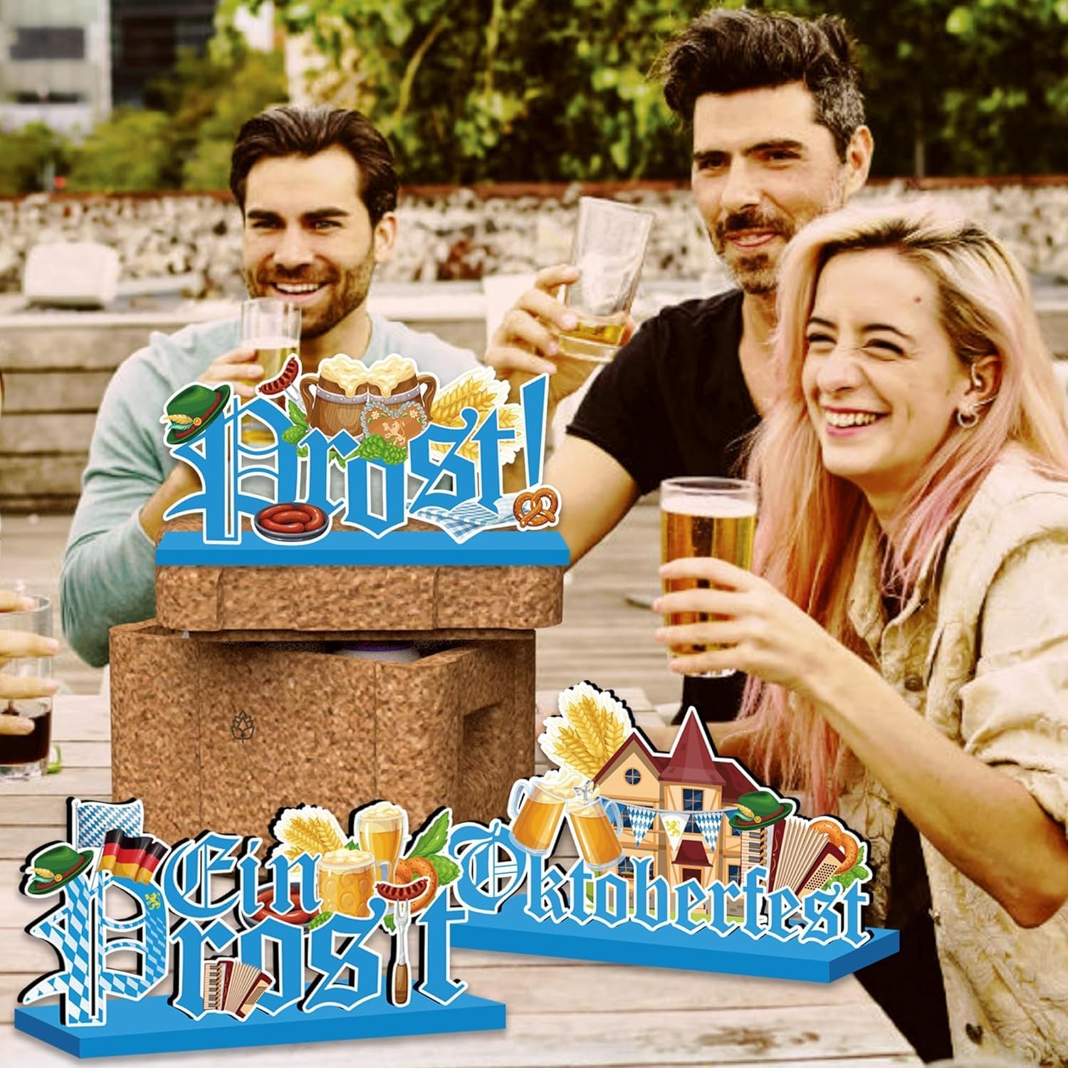 3Pcs Oktoberfest Decorations, Oktoberfest Theme Wooden Table Centerpieces Ein Prosit Table Topper Sign for Bavarian German Beer Festival Party Table Decorations