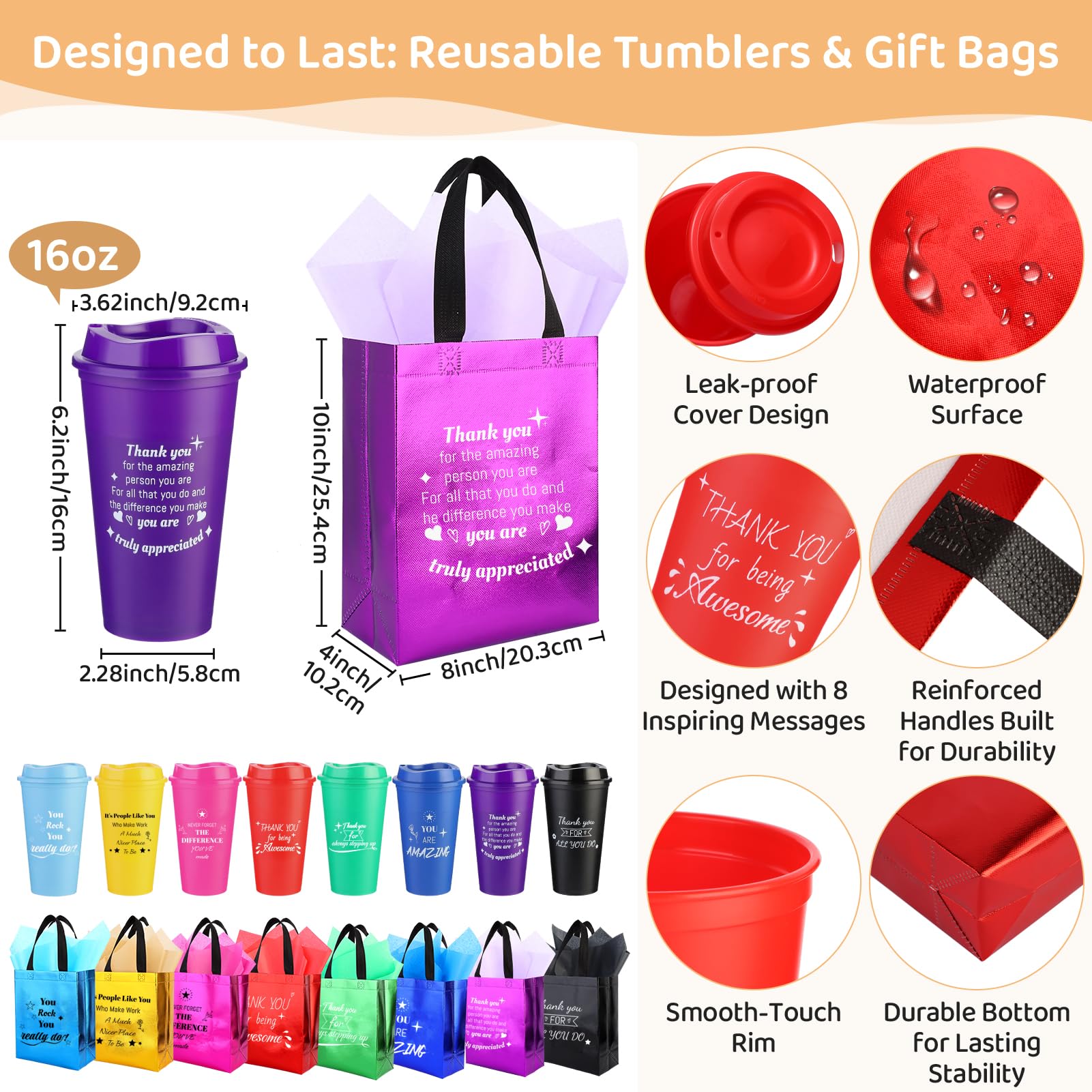 96 piezas/16 juegos de regalos de agradecimiento para empleados a granel, incluye bolsas de regalo de agradecimiento con cuadernos de papel de seda, bolígrafos, tazas, llaveros, regalos de