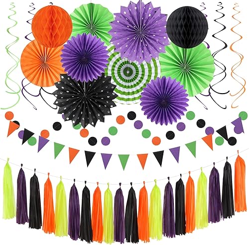 Decoraciones de fiesta de color naranja, negro, morado, verde, 33 piezas, bandera, guirnalda de borlas de serpentinas de Halloween, pompones de
