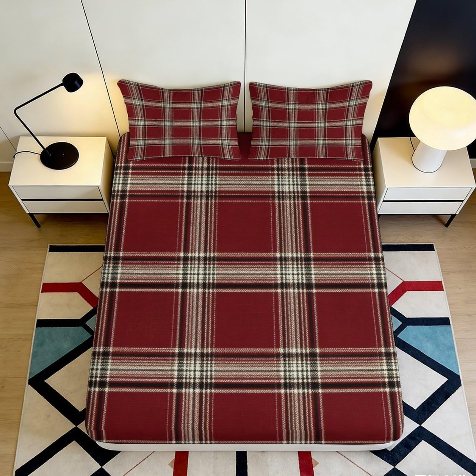 3D Printed Red Plaid Fitted Sheet Microfiber Soft Breathable Checkered Bed Cover for Bedroom Guest Room Decor 90x200x25cm