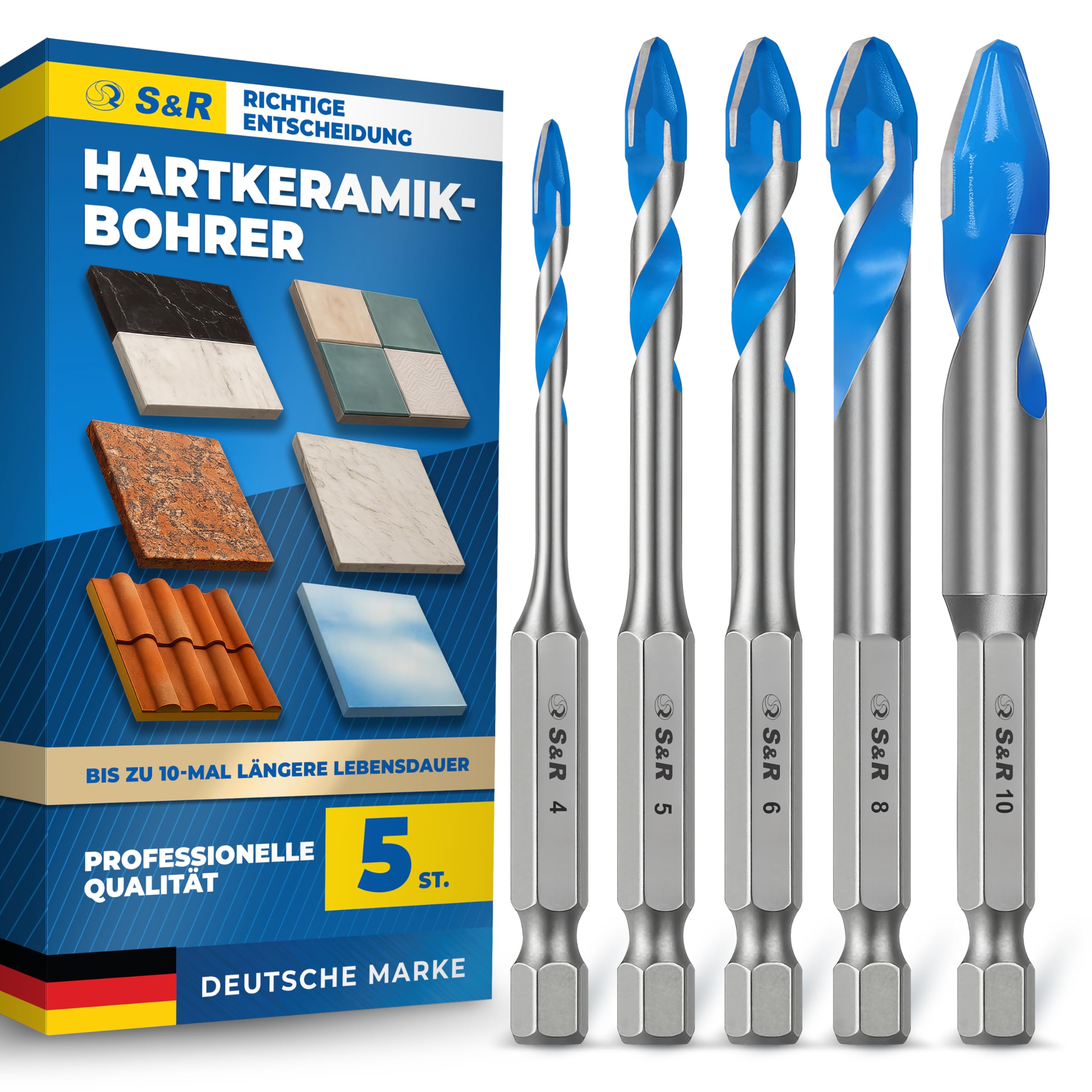 S&R Professional Keramikbohrer Set 5-tlg, Fliesenbohrer 4mm 5mm 6mm 8mm 10mm, für Feinsteinzeug, Keramik, Hartkeramik, Granit, Glas, Marmor, mit Sechskantschaft, Glasbohrer, Profi Fliesen Bohrer Set