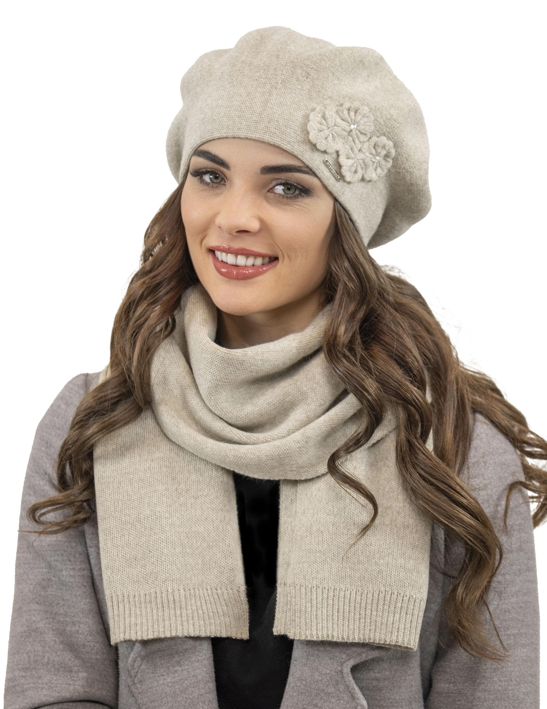 Vivisence Boina De Otoño Invierno para Mujer Elegante para Damas con Forro Cálido Y Detalles Florales Hecho De Lana Acrílica para Días Fríos En Ajuste Estilo Clásico 7006