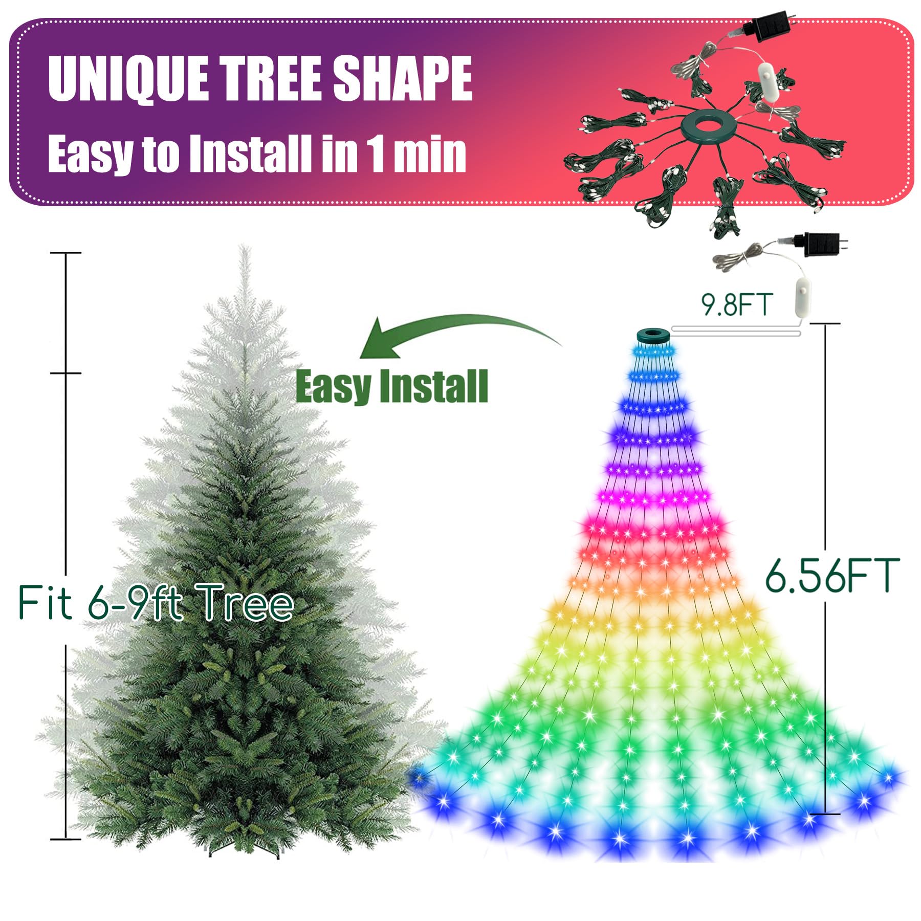 Smart Christmas Tree Lights, 6.5Ft Drop Line Go Over Tree, 200LED Multi Color Changing Lights with APP Control & Remote Control, Indoor Outdoor Christmas Tree Fairy String Lights Xmas Party Decoration