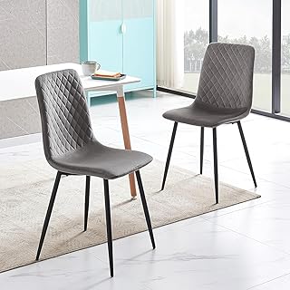 Set of 2 Velvet Fabric Dining Chairs with Metal Legs (Dark Grey) - Lexi