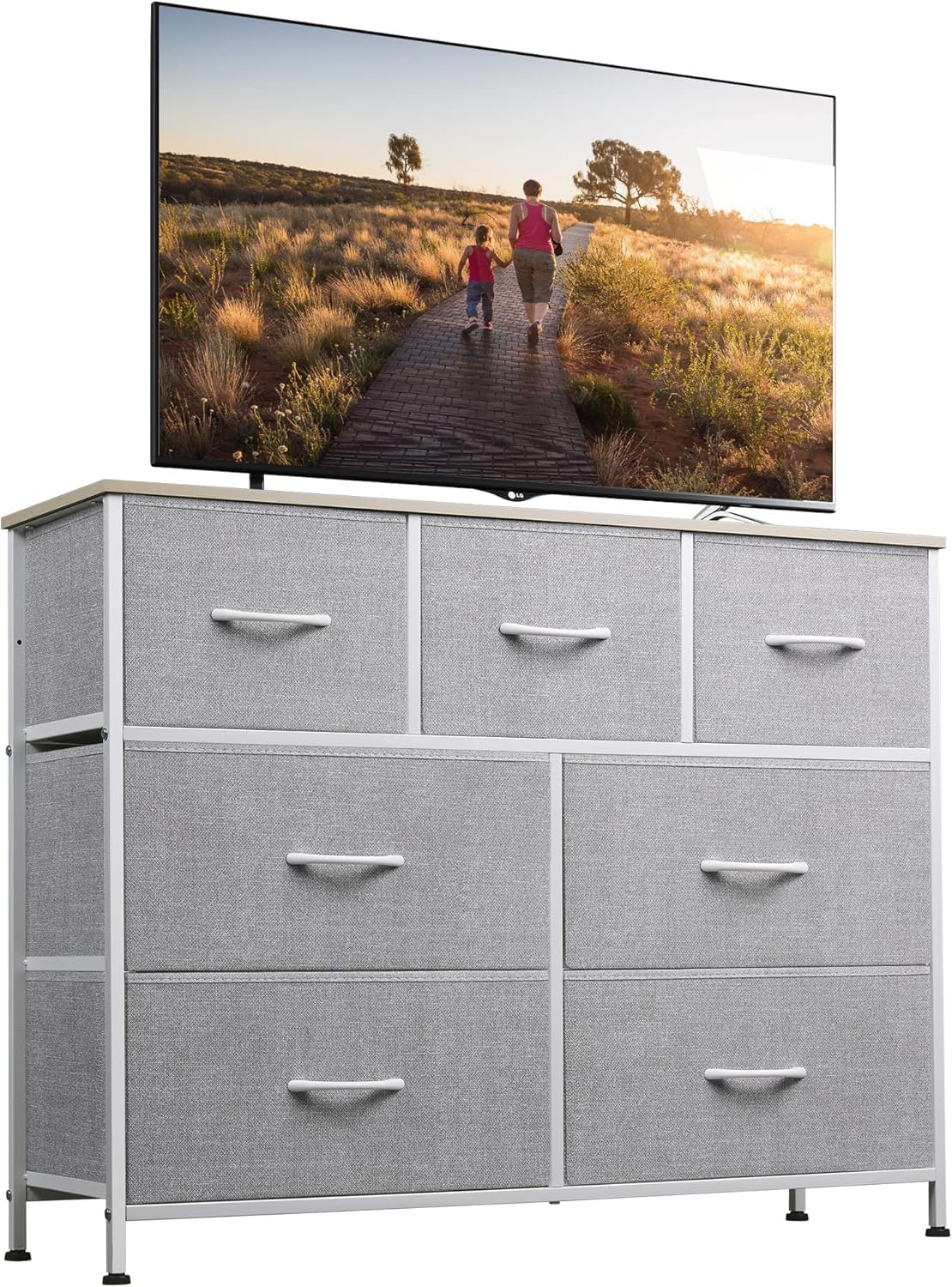 WLIVE Cassettiera con 7 cassetti in tessuto, cassettiera per camera da letto, cassettiera soggiorno, con robusto telaio in acciaio, pannello in legno, grigio chiaro