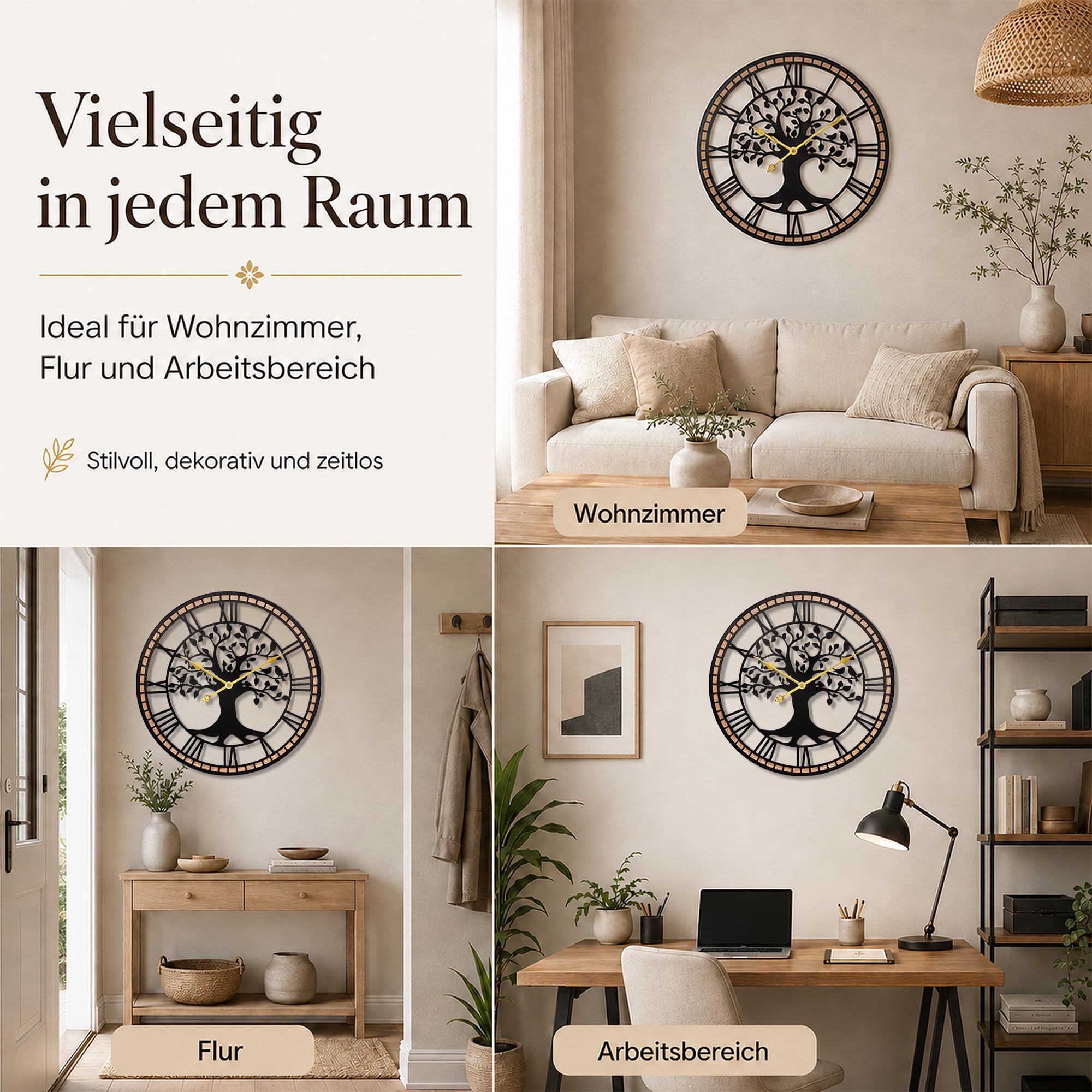 Wanduhr Groß,51/60/80CM Wanduhr Holz,Baum des Lebens und Holzrahmendesign,Stumm - Kein Tickendes Geräusch,für Esszimmer,Schlafzimmer,Küche,Büro,Wanduhr Wohnzimmer