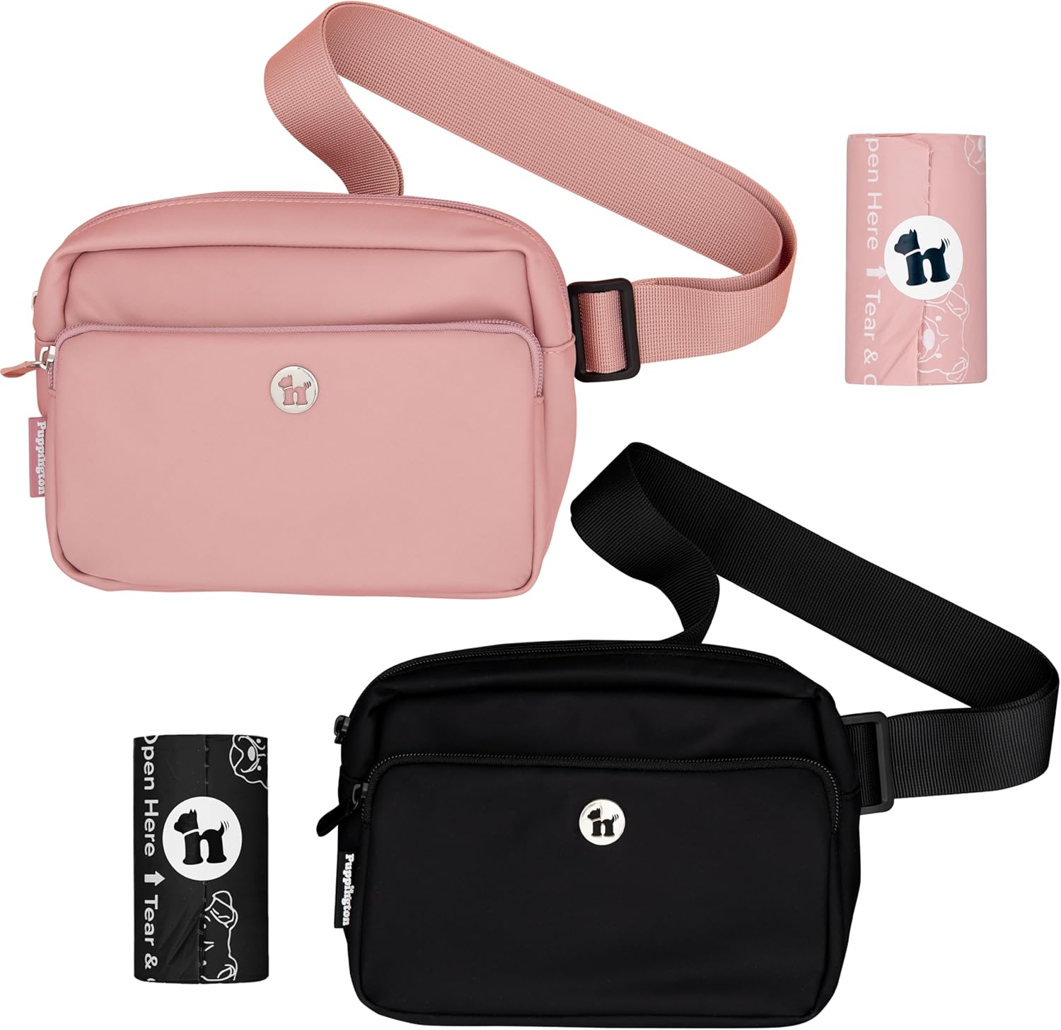 Puppington 3-in-1 Crossbody Bag & Dog Treat Pouch for Pet Training - Onyx Black + Blush Pink Bundle