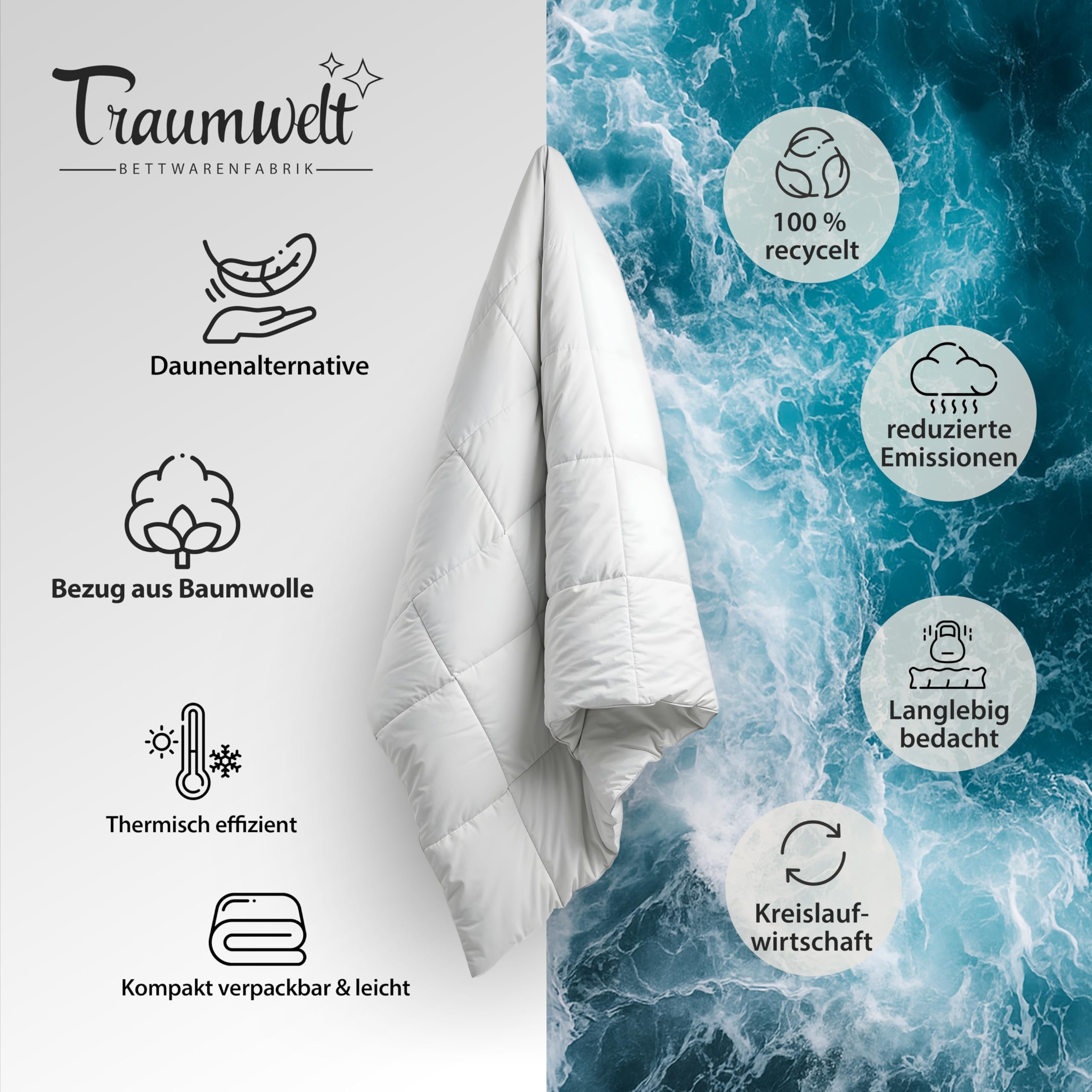 Taumwelt Natur Made in Germany Bettdecke 240x220 cm, Daunenalternative mit Primaloft Bio Mikrofasern-Füllung, für alle Jahreszeiten, Füllgewicht: 1220g, weiß, Allergiker geeignet, Öko-Tex 100