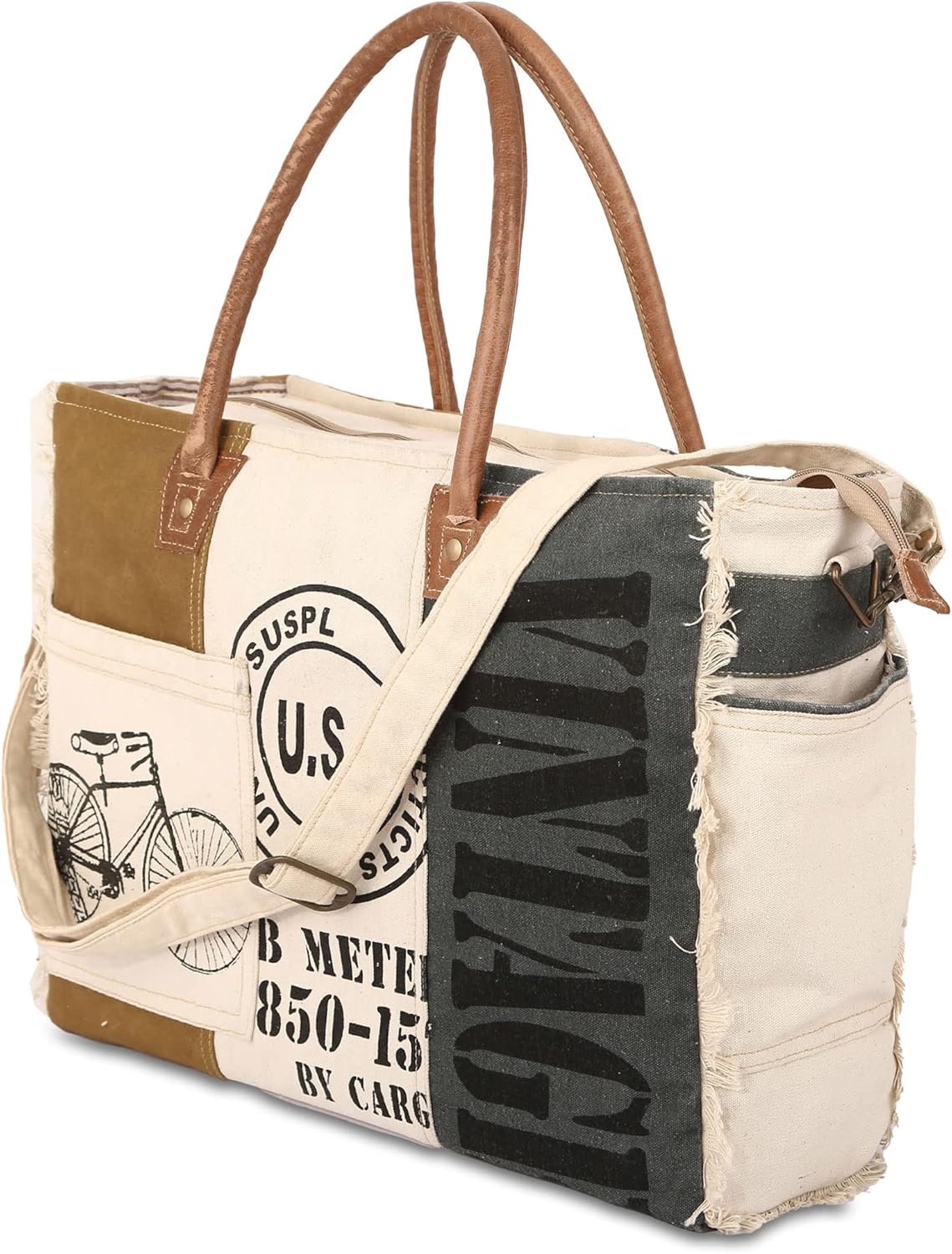KPL Sel De Mer Upcycled Canvas and leather Hand Bag Cowhide Tote Bag shopping bag carry on leather bag