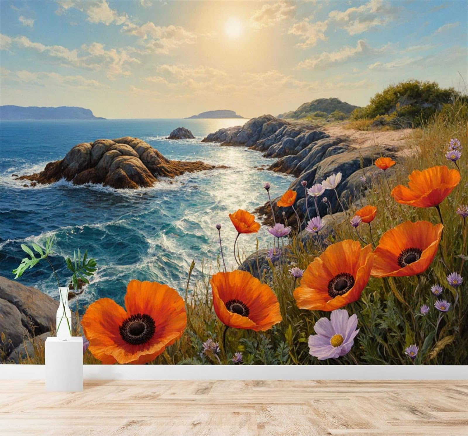 XLMING Beautiful Sunset Orange Wildflowers Rocks Coastal Landscape 3D Wallpaper Premium Textured Silk Study Dining Living Room Bedroom Sofa TV Wall Easy Install-250cm×170cm