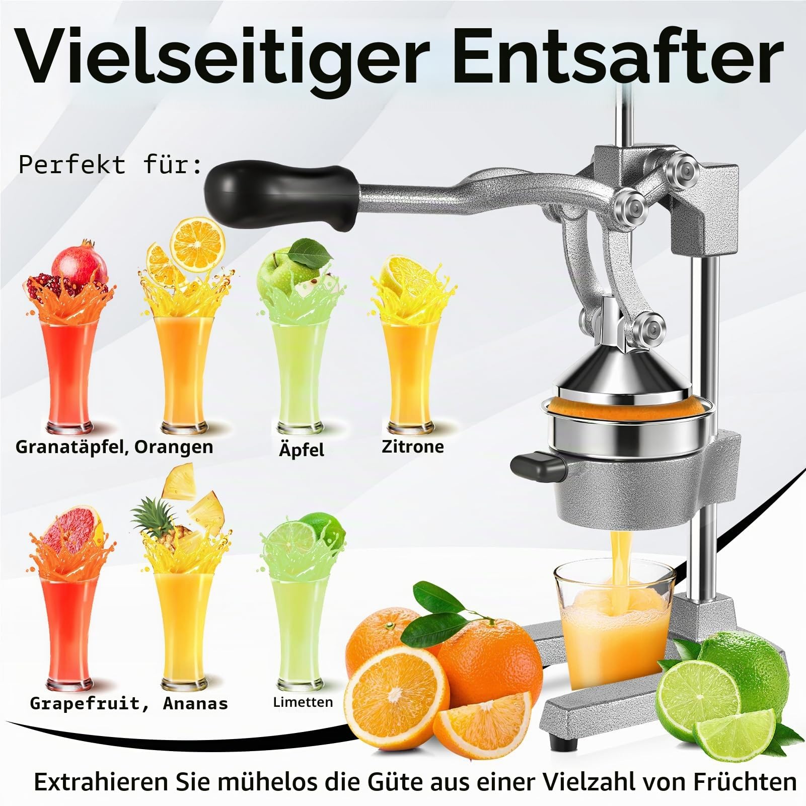 Saftpresse Edelstahl, Obstpresse, Zitruspresse, Orangenpresse Manuell | Entsafter Metall, Fruchtpresse - Handpresse Cast Iron Juicer für Orangen, Zitronen, Granatäpfel, Grapefruits (Hellgrau)