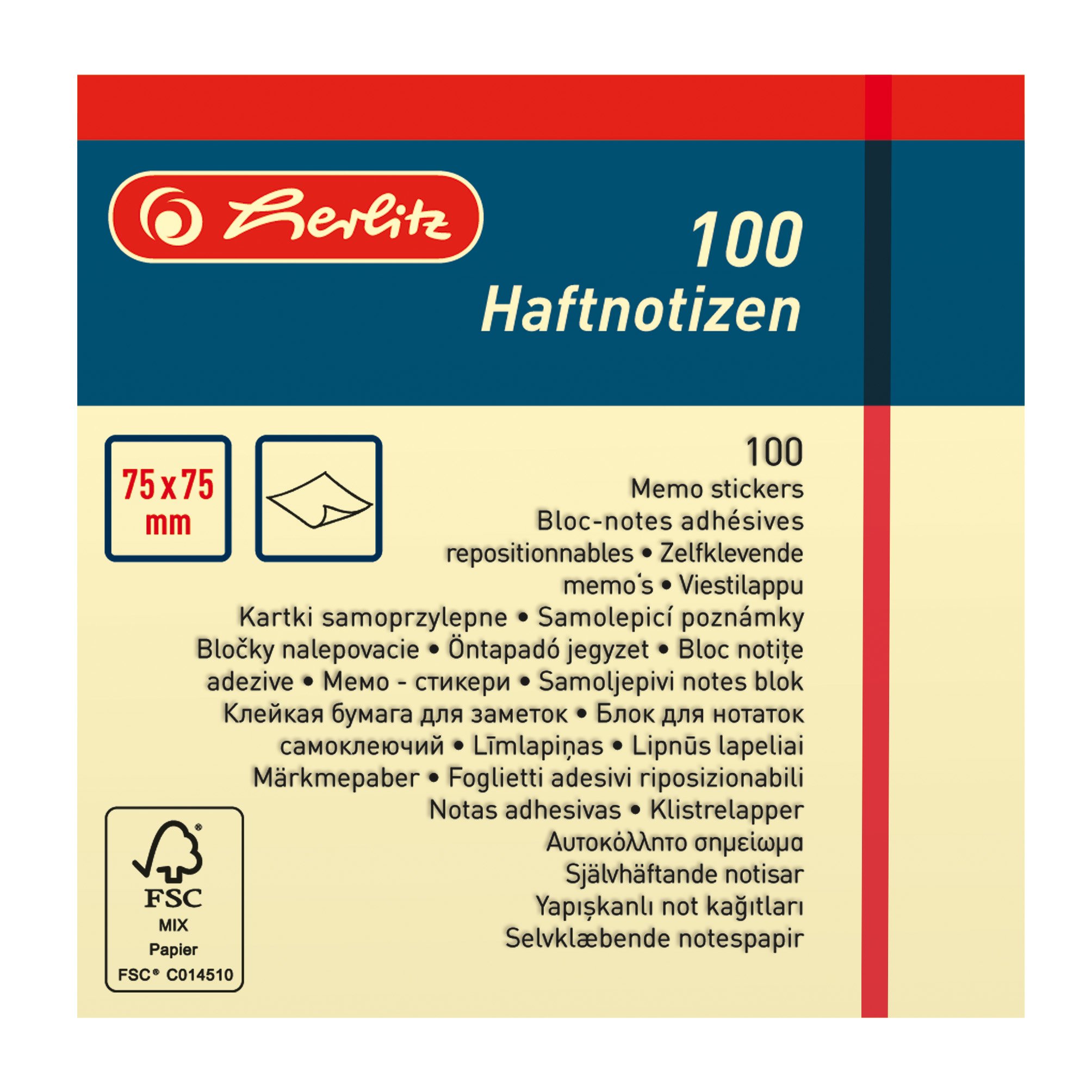 Herlitz Haftnotizen 75 × 75 mm, hellgelb, 100 Blatt, 1 Stück, mit nicht permanentem Kleber