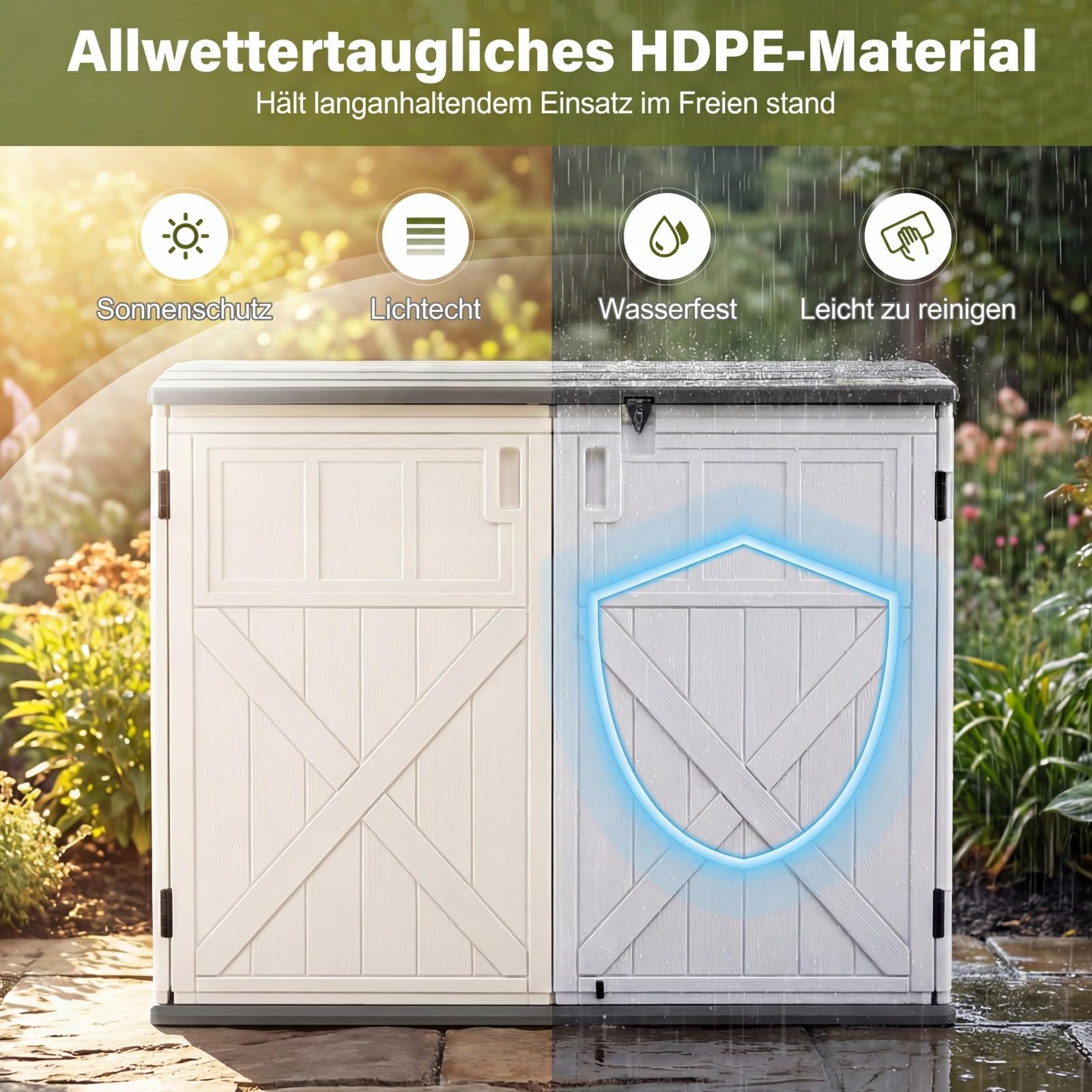 COSTWAY Gartenschrank wetterfest, Geräteschrank mit verstellbarem Regal, abschließbarem Deckel & Türen, Terrassenschrank aus HDPE, Outdoor Aufbewahrungsschrank, 118 x 63 x 94 cm