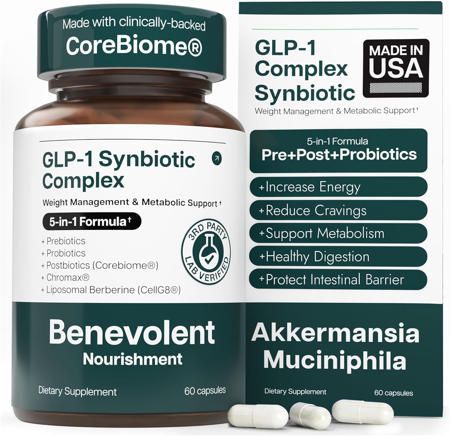 Benevolent Glp-1 Support | 5-in-1 Synbiotic with Akkermansia, MetSyn®, Chromax® & Liposomal Berberine | Natural GLP 1 Probiotics Supplement for Weight Management & Metabolic Balance, 60 Ct