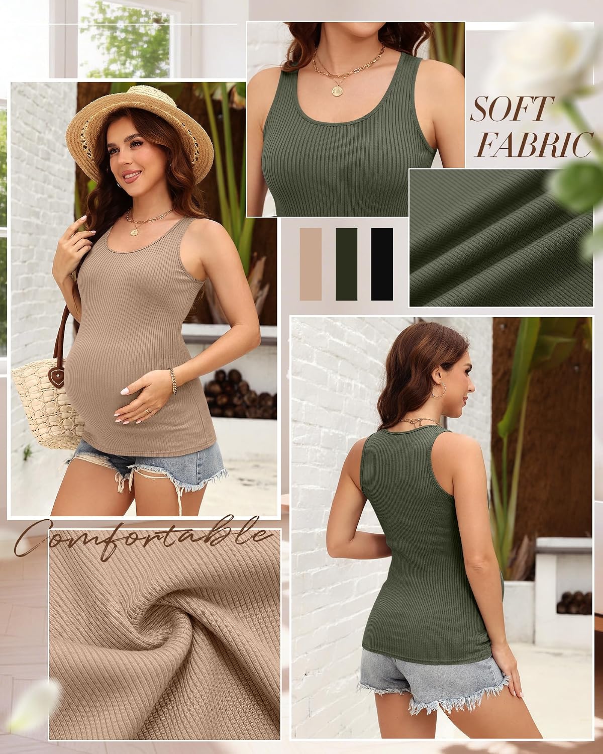 Ficerd 3 Pack Women's Maternity Tank Tops Ribbed Scoop Neck Pregnancy Shirts Sleeveless Stretch Basic Summer Mama Clothes