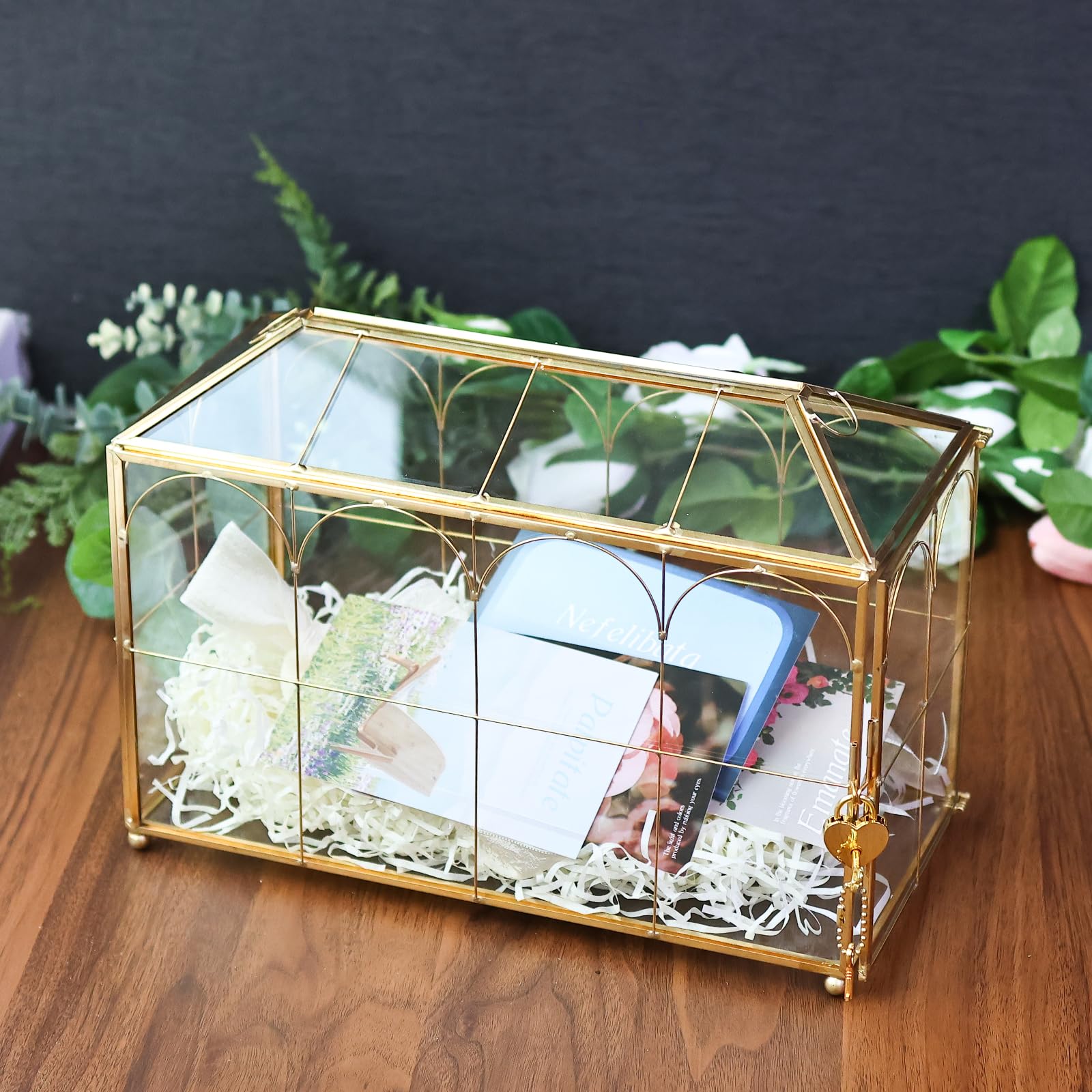 HighFree Hochzeitskarten-Glasbox mit Schlitz & Schloss, extra großes handgefertigtes geometrisches Terrarium, goldklare Display-Glaskarten-Box mit dekorativen Linien, für Hochzeitsempfang, Wunschgut,