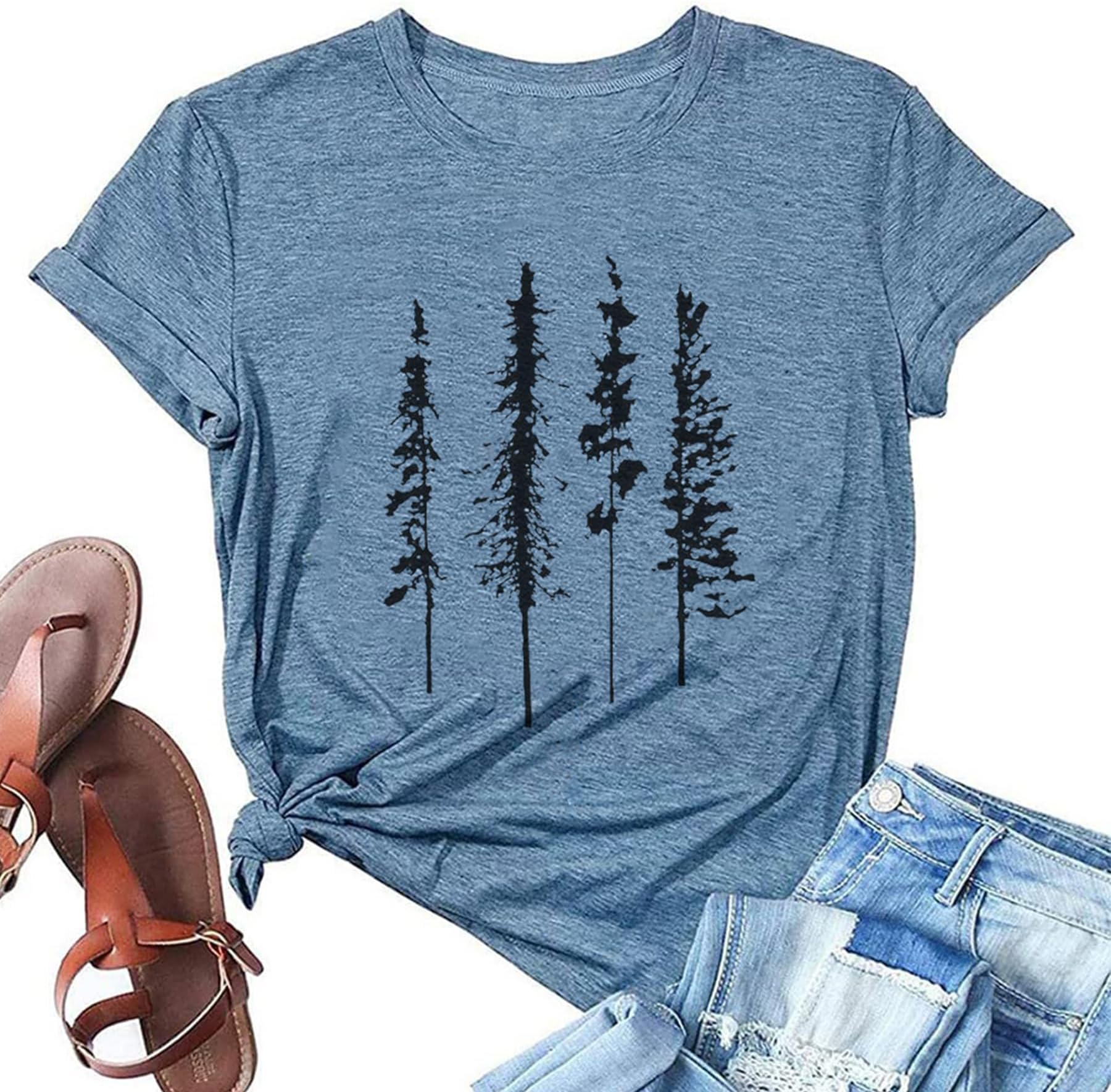 Women's Summer Pine Tree T Shirts for Women Hiking Camping Athletic Graphic Loose Tees Crew Neck Short Sleeve Casual Tops