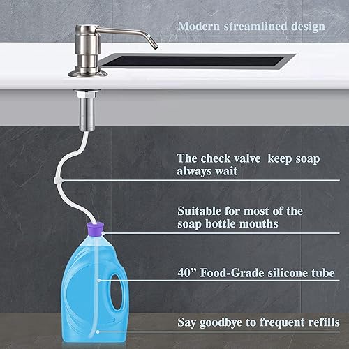 Miniatura 5 de GAGALIFE Dispensador de jabón para fregadero de cocina (níquel cepillado) y kit de tubo de extensión, cabezal completo de latón, tubo de silicona de