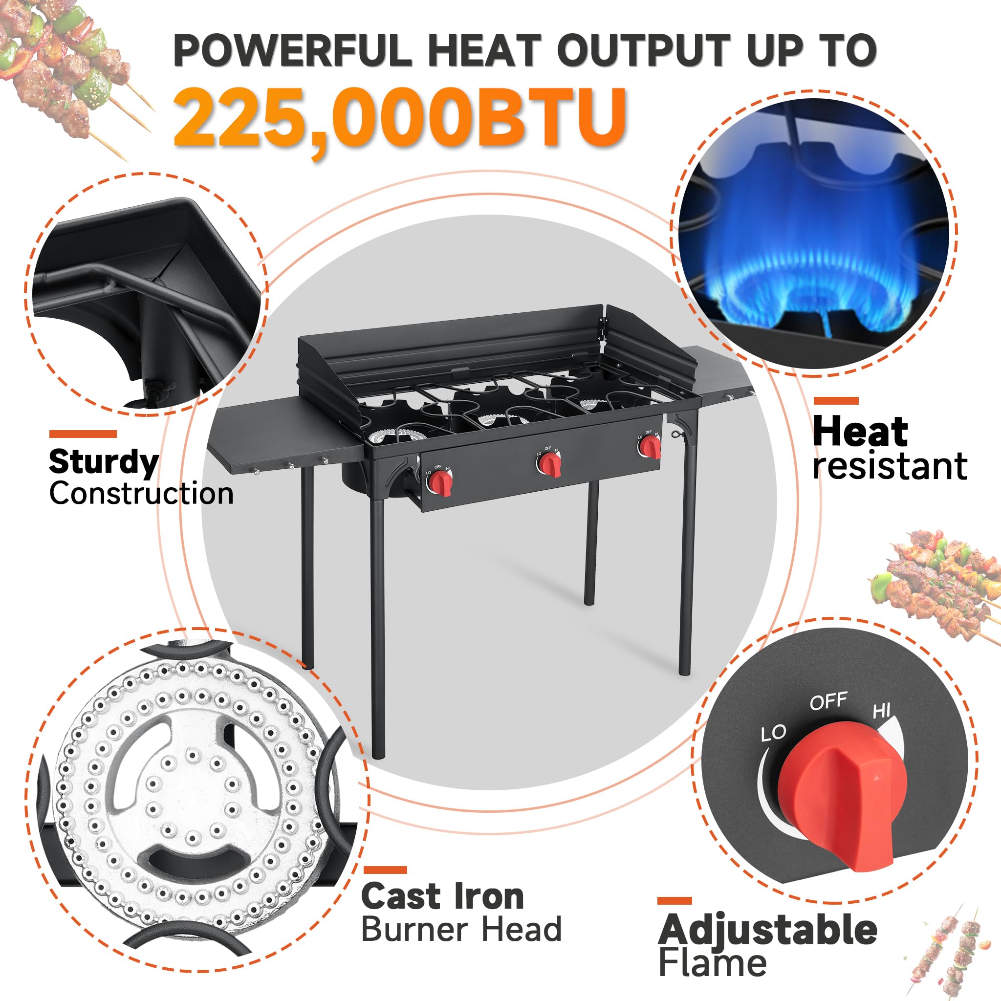 Quemador de propano de 3 quemadores, estufa de propano de alta presión de 225,000 BTU con parabrisas y estantes laterales, estufa de gas propano para exteriores con regulador de 0 a 20 PSI para