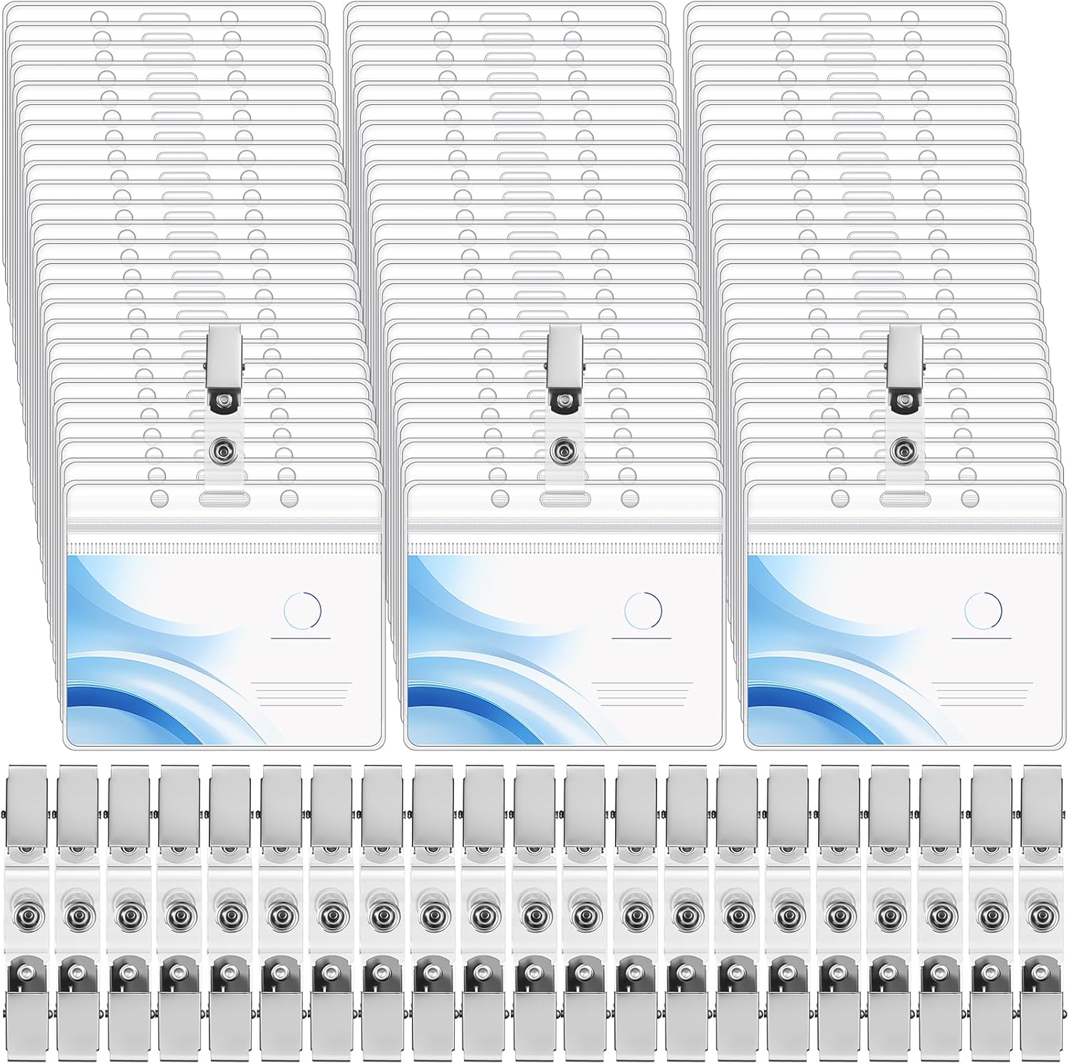 Marspark 200 Sets ID Badge Holder with Metal Badge Clips and PVC Straps Waterproof Sealed Clear Plastic Vertical Name Tag Holder for Name Tag Work Card Drive License Clips Office Car