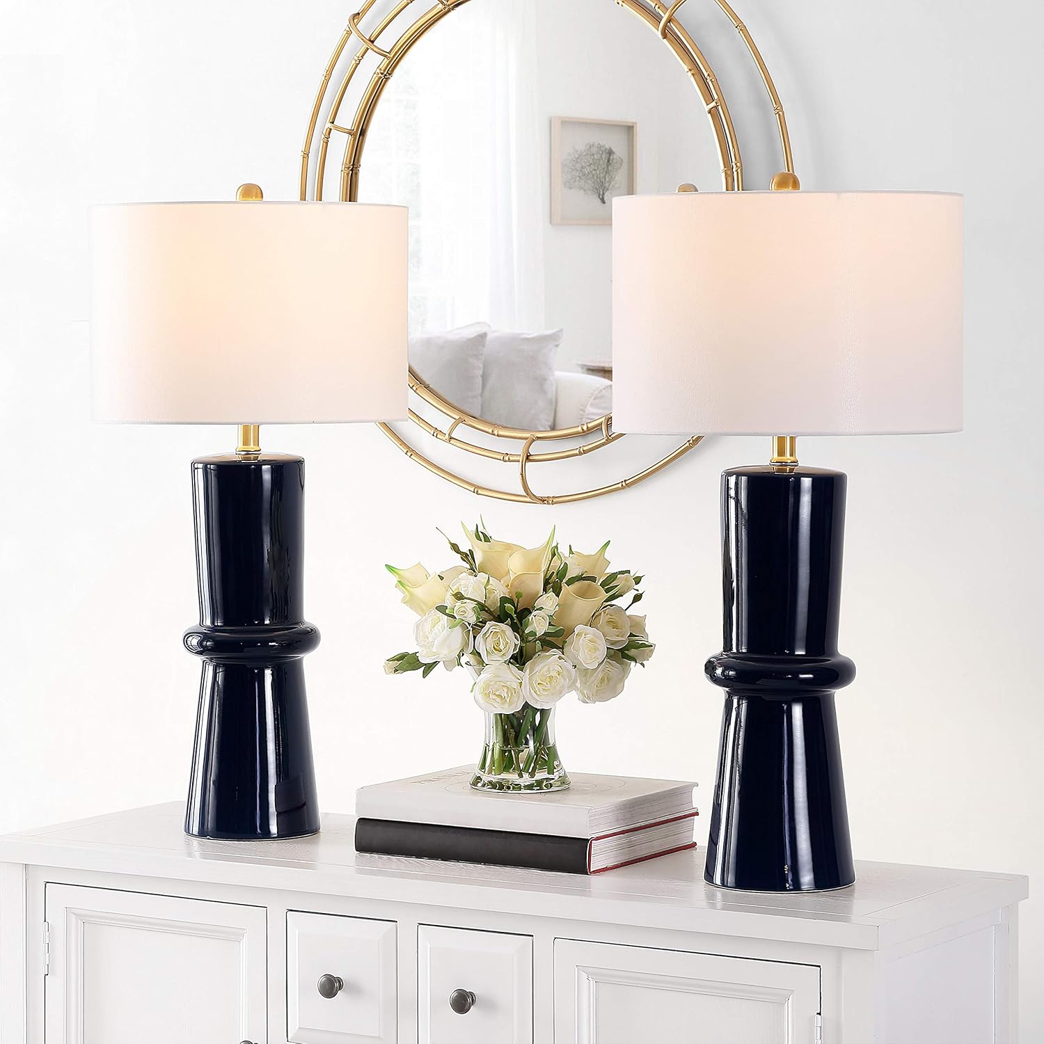 SAFAVIEH Lighting Collection Ellaria Modern Navy Blue Ceramic 31-inch Bedroom Living Room Home Office Desk Nightstand Table Lamp Set of 2 (LED Bulbs Included)