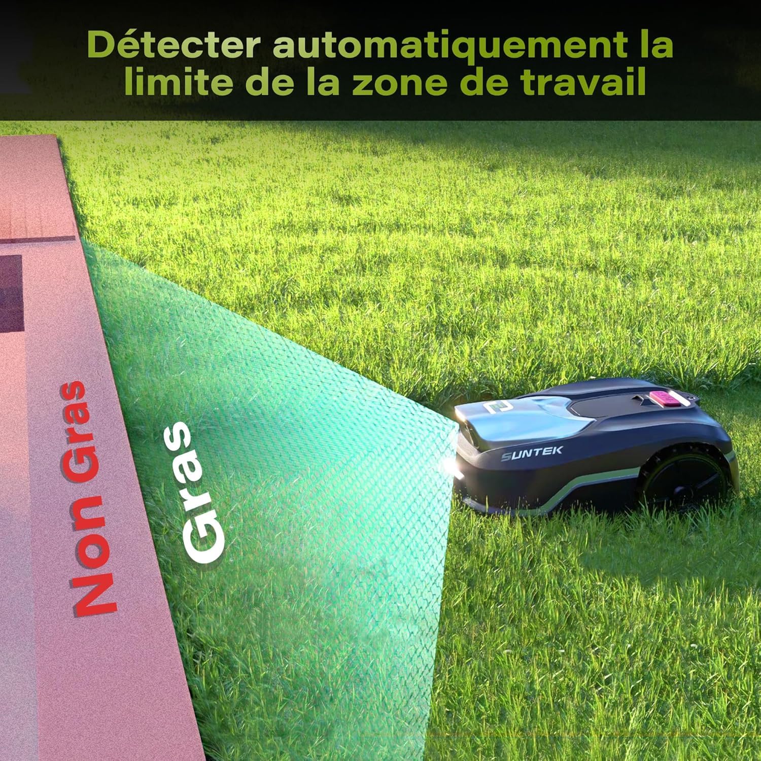 SUNTEK Robot cortacésped inalámbrico periférico – Robot Recortadora IA + visión para 600 m², tecnología IA cámara, Pendiente hasta 35°, estanqueidad IPX5, cartografía automática, multizonas, Control
