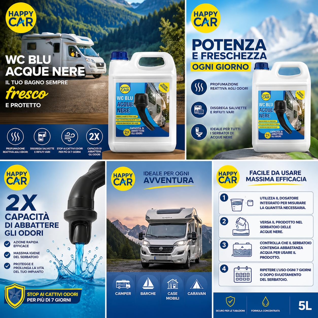 HappyCar Disgregante WC Camper Blu 5L - Liquido Acque Nere per Roulotte, Stop Cattivi Odori, Profumazione Reattiva e 2X Potere Deodorizzante con Dosatore Incluso - Made in Italy