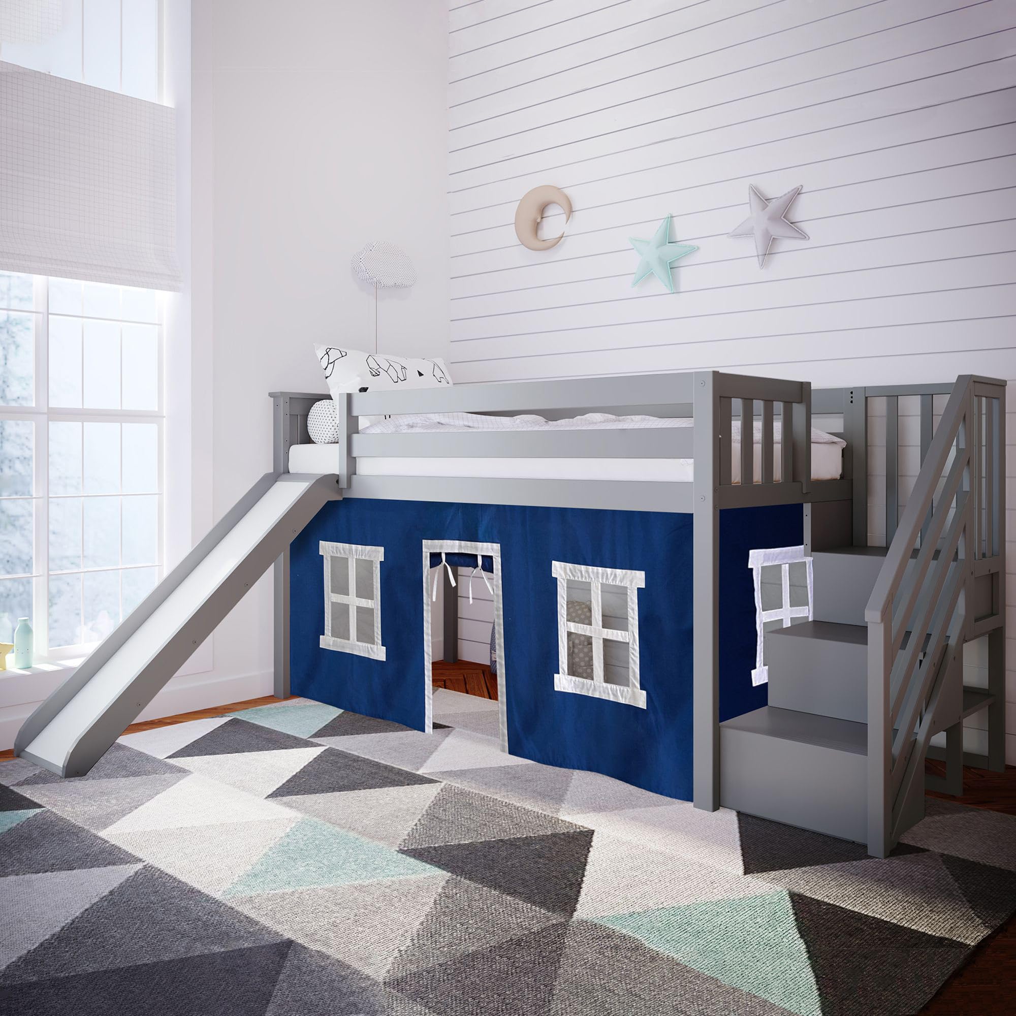 Max & Lily Low Loft Bed, Twin Bed Frame For Kids With Stairs, Slide, and Curtains for bottom, Grey/Blue