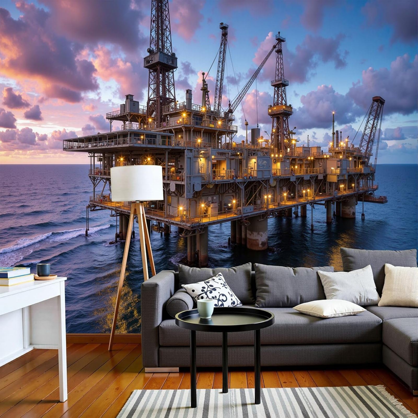 Photo wallpaper, industrial facilities, non-woven offshore oil platform, modern wall, dark blue wall decor, decoration, wall mural for living room, bedroom, 250cm x 175cm, stickers - frameless paintin