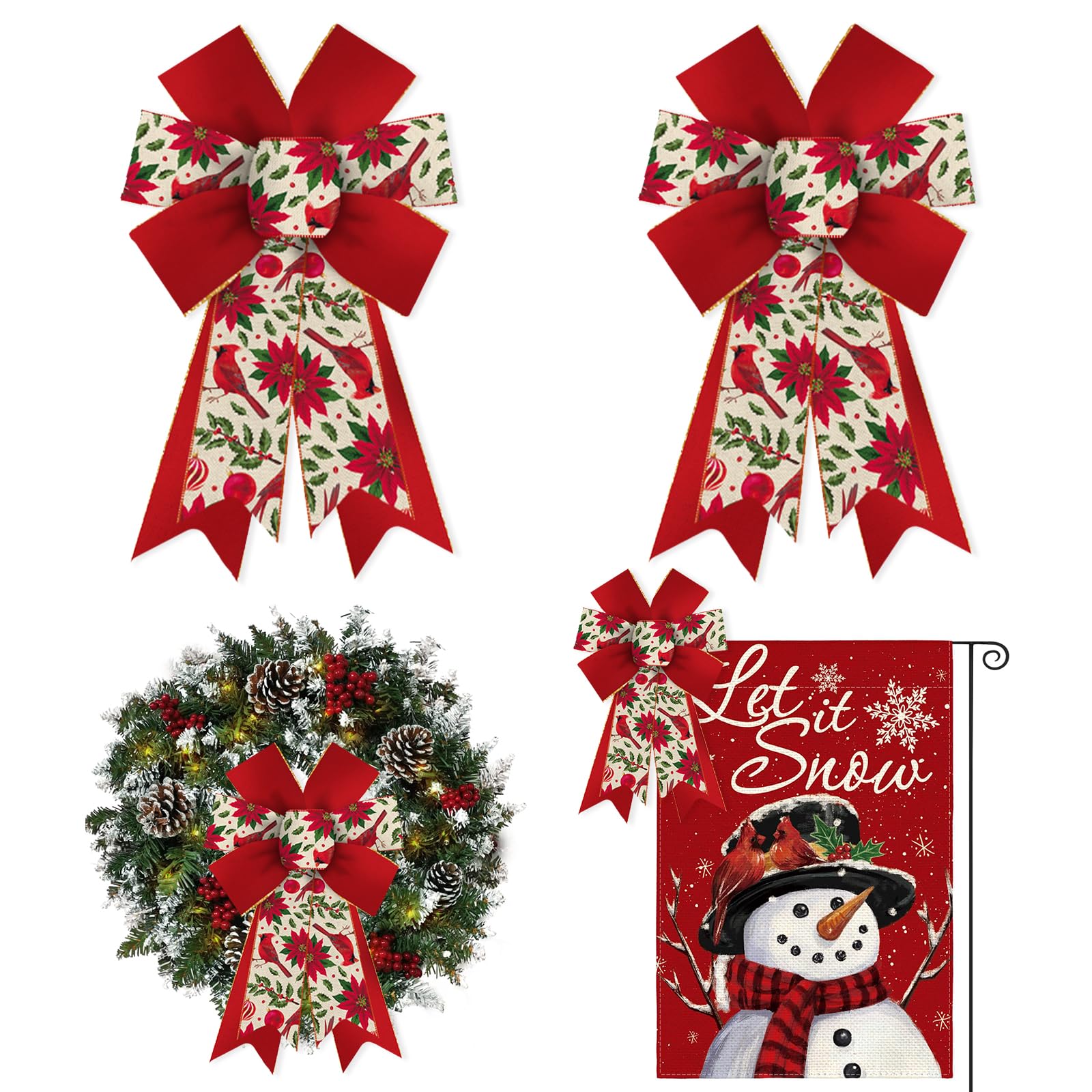 ALIBBON 2 Pcs Merry Christmas Bows for Wreaths, Christmas Wreath Bows, Red Bird Cardinal Bows, Red Flower Poinsettia Red Velvet Bows for Front Door, Christmas Decor, Holiday Bows for Indoor Outdoor
