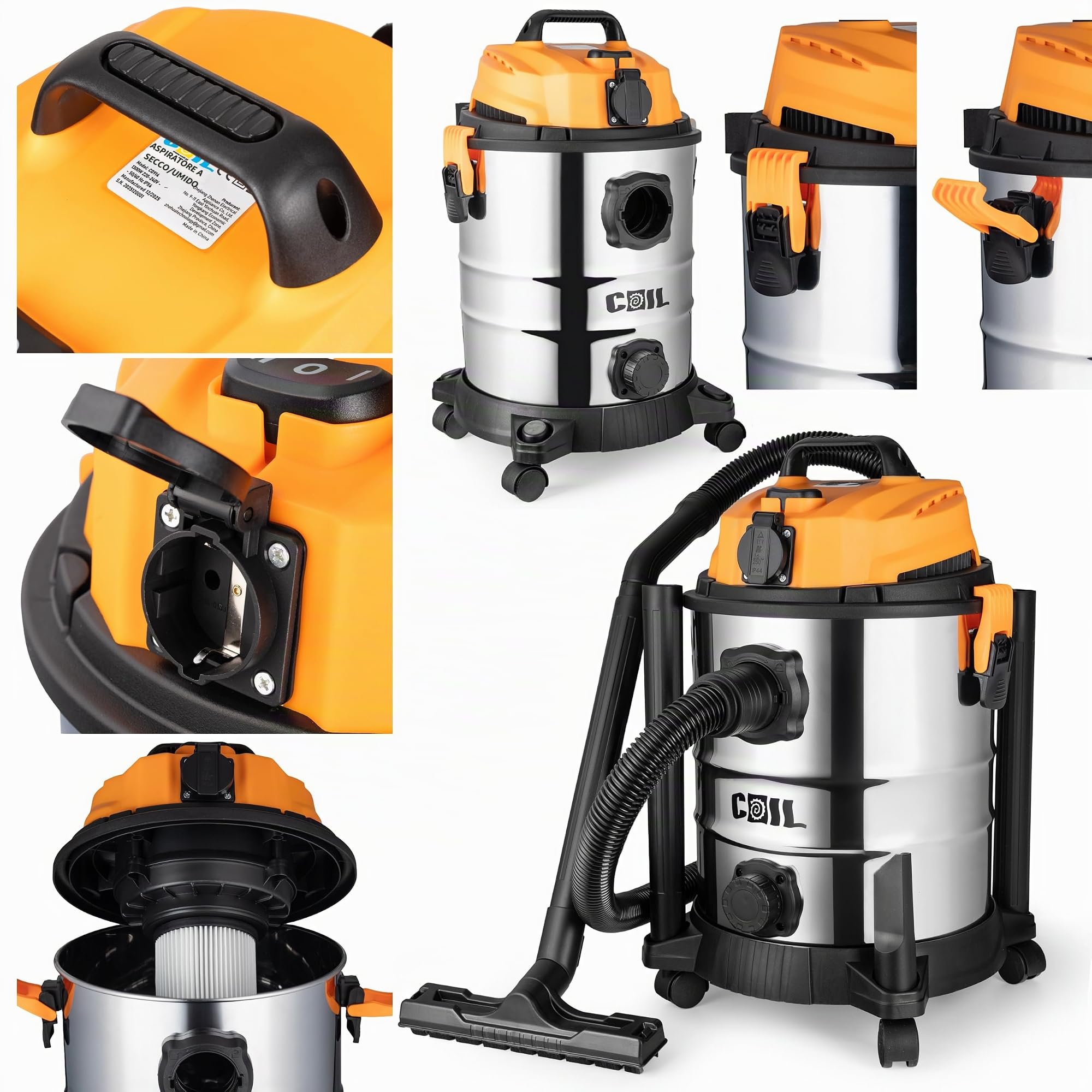 COIL Aspirapolvere a umido e a secco, 1300 W, 25 l, industriale con presa e funzione di soffiaggio, filtro HEPA per officina, cantiere e garage, contenitore in acciaio inox