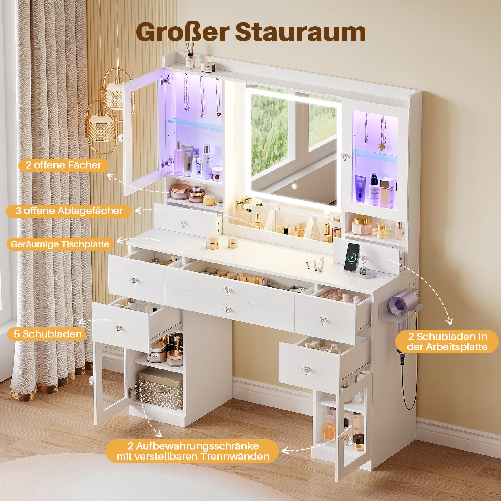 Dripex großer Schminktisch mit Beleuchtung und Steckdosen, Schminktisch mit Spiegel und 2 luxuriösen transparenten Vitrinen mit RGB, Vanity Desk Dressing Table fürs Schlafzimmer, weiß