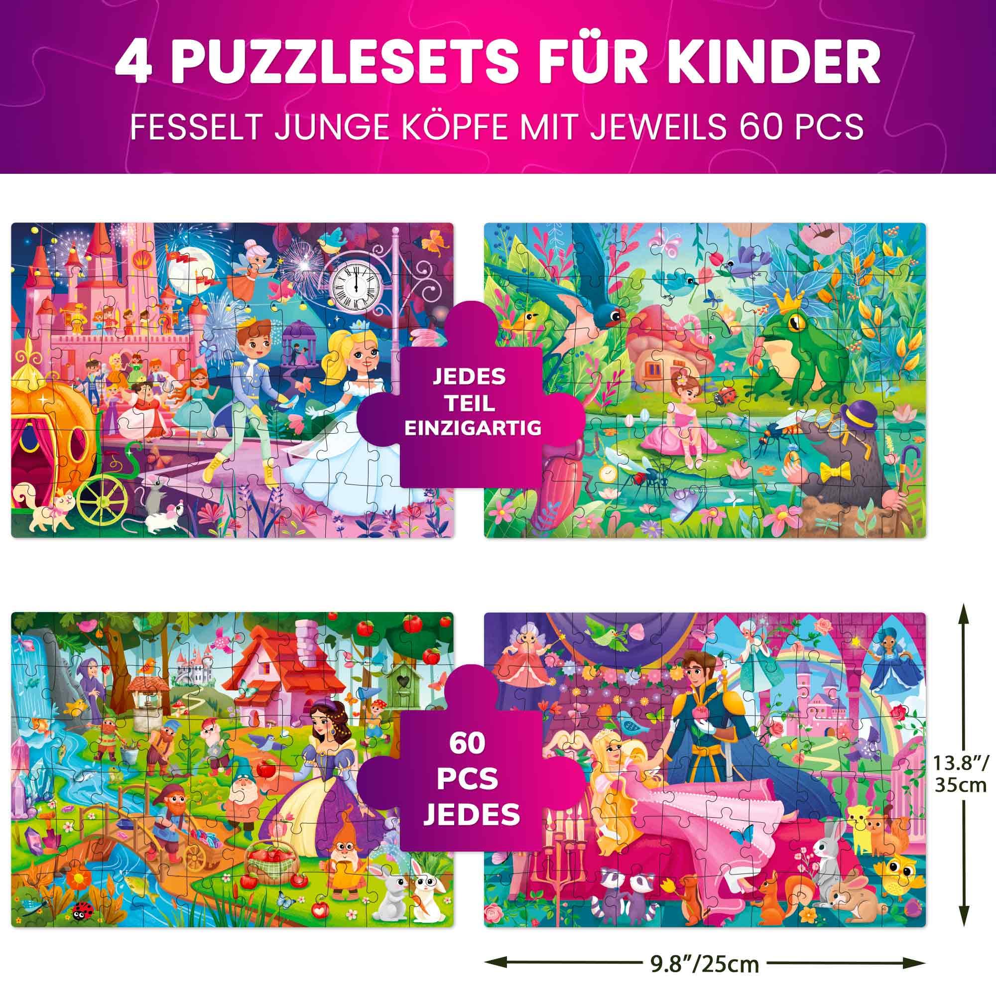 QUOKKA Puzzle ab 4 5 Jahre - 4x60 Teile Puzzle Mädchen ab 5 6 Jahre - Lernspielzeug Märchen für Kleinkinder - Geschenk Spielzeug für Kinder 6 7 8 Jahre