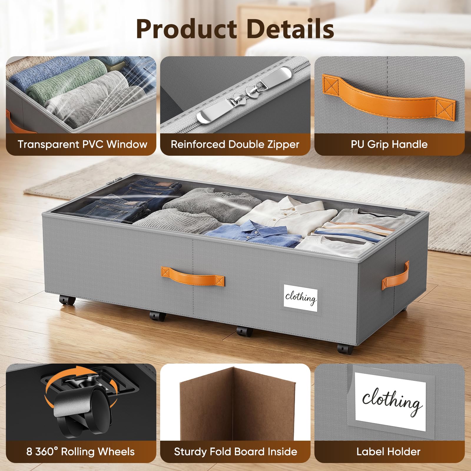 2er-Set Unterbett-Aufbewahrungsbox 65L, mit Rädern & Sichtfenster | 600D Oxford-Stoff mit MDF-Verstarkung – formstabil, reißfest & staubdicht, 84×44×24cm – passt unter Bett, Sofa & Schreibtisch