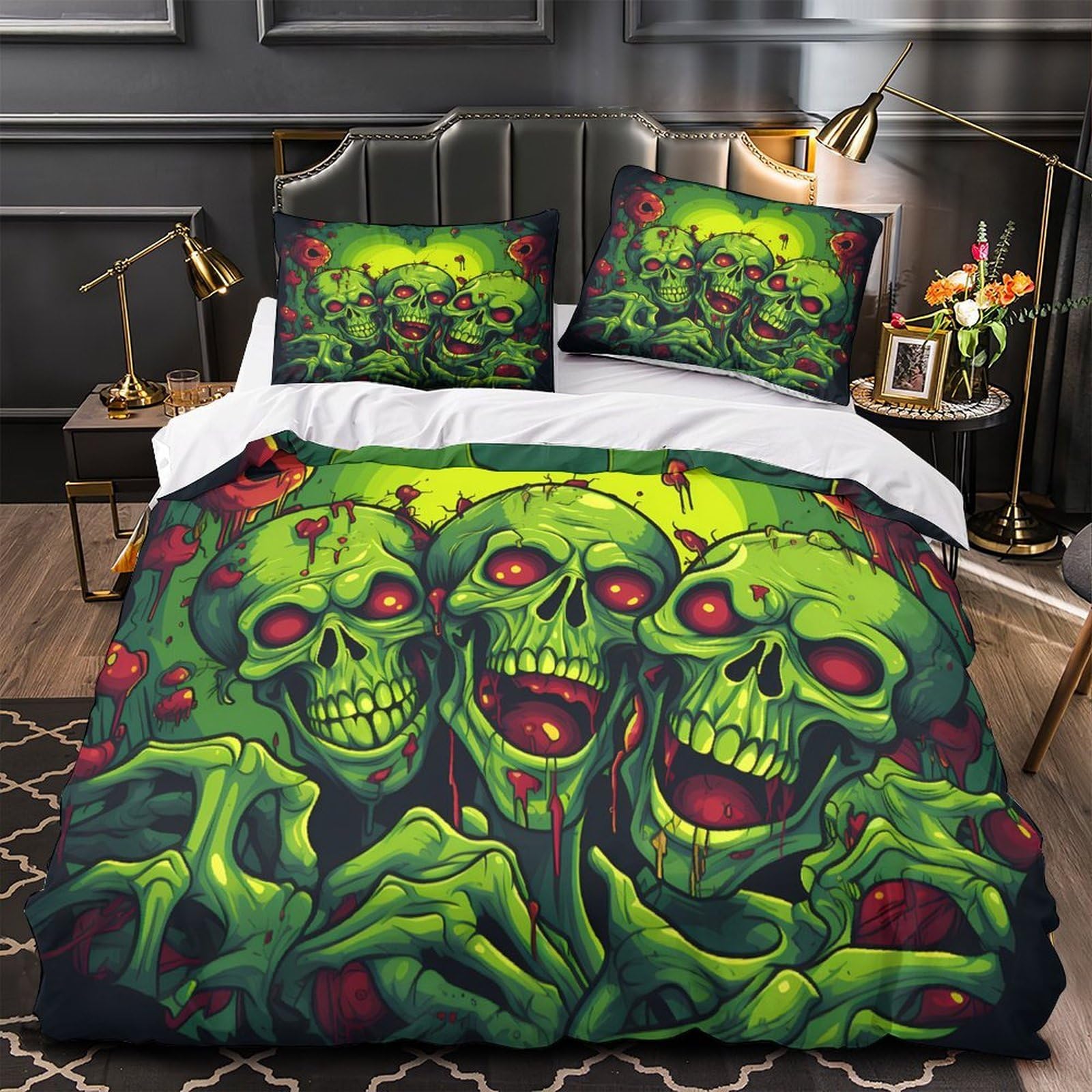 Parure de lit crânes de zombies 3D microfibre housse de couette 135x200cm fermeture éclair