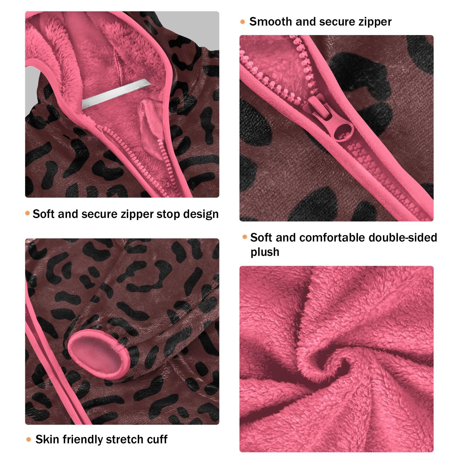 Cappotto con cappuccio per bambini per autunno e inverno, caldo, a maniche lunghe, con cerniera, antivento con due tasche, per 3-10 anni, a righe leopardate, rosso