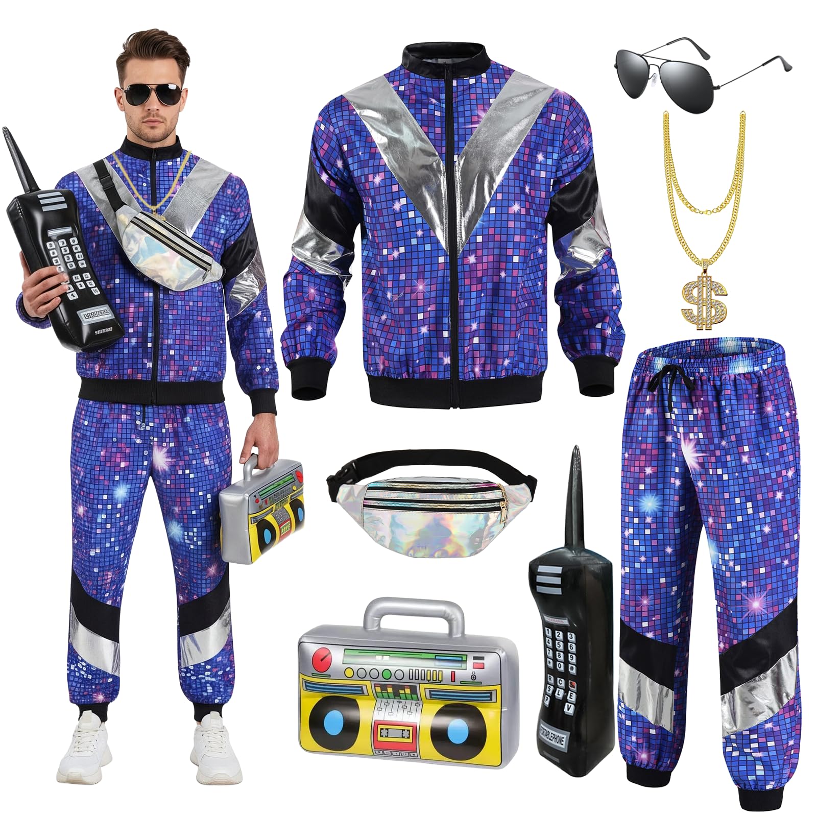 YAEGIMHT 80er 90er Outfit Herren Damen mit Accessoires, Trainingsanzug Kostüm mit Sportjacke, Hose, Hip-Hop Accessoires, Aufblasbares Telefon und Lautsprecher, Retro 80er 90er Hip Hop Outfit