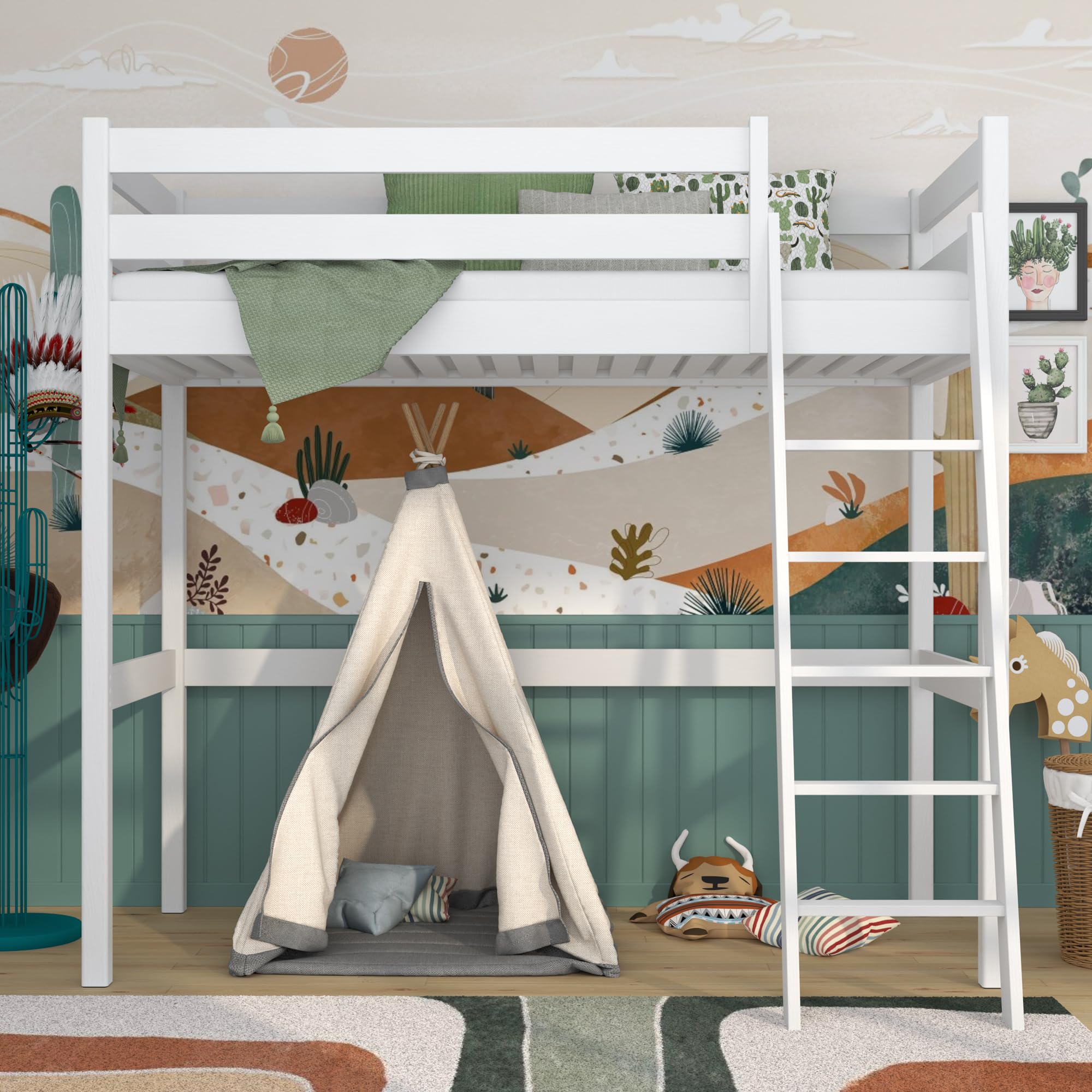 N-Wood N01 Hoogslaper hout 120x200 cm, Stapelbed met ladder, 2 laddermontagezijden: links of rechts, Veilige afgeronde hoeken, Stevige massief houten constructie, Hoogwaardige materialen, Wit