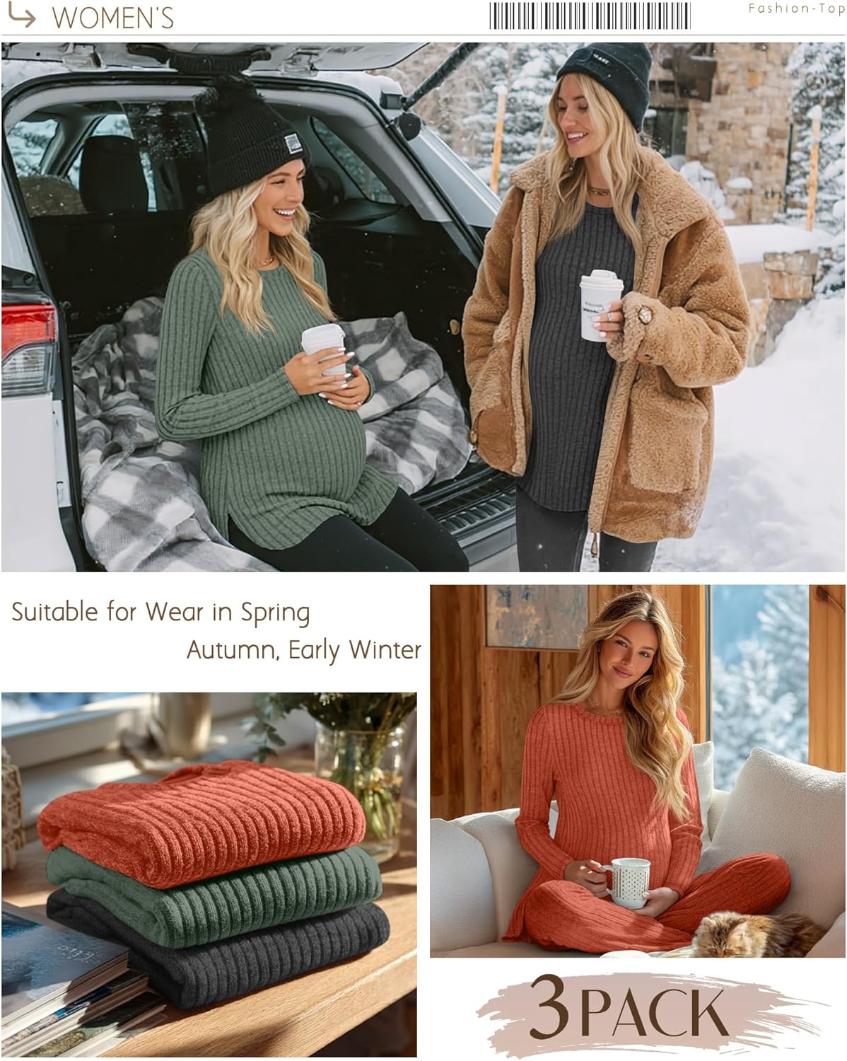 3 Pack Women's Maternity Shirts, Ribbed Long Sleeve Pregnancy Sweaters Curved Hem Split Side Crew Neck Tunic Tops - Image 3