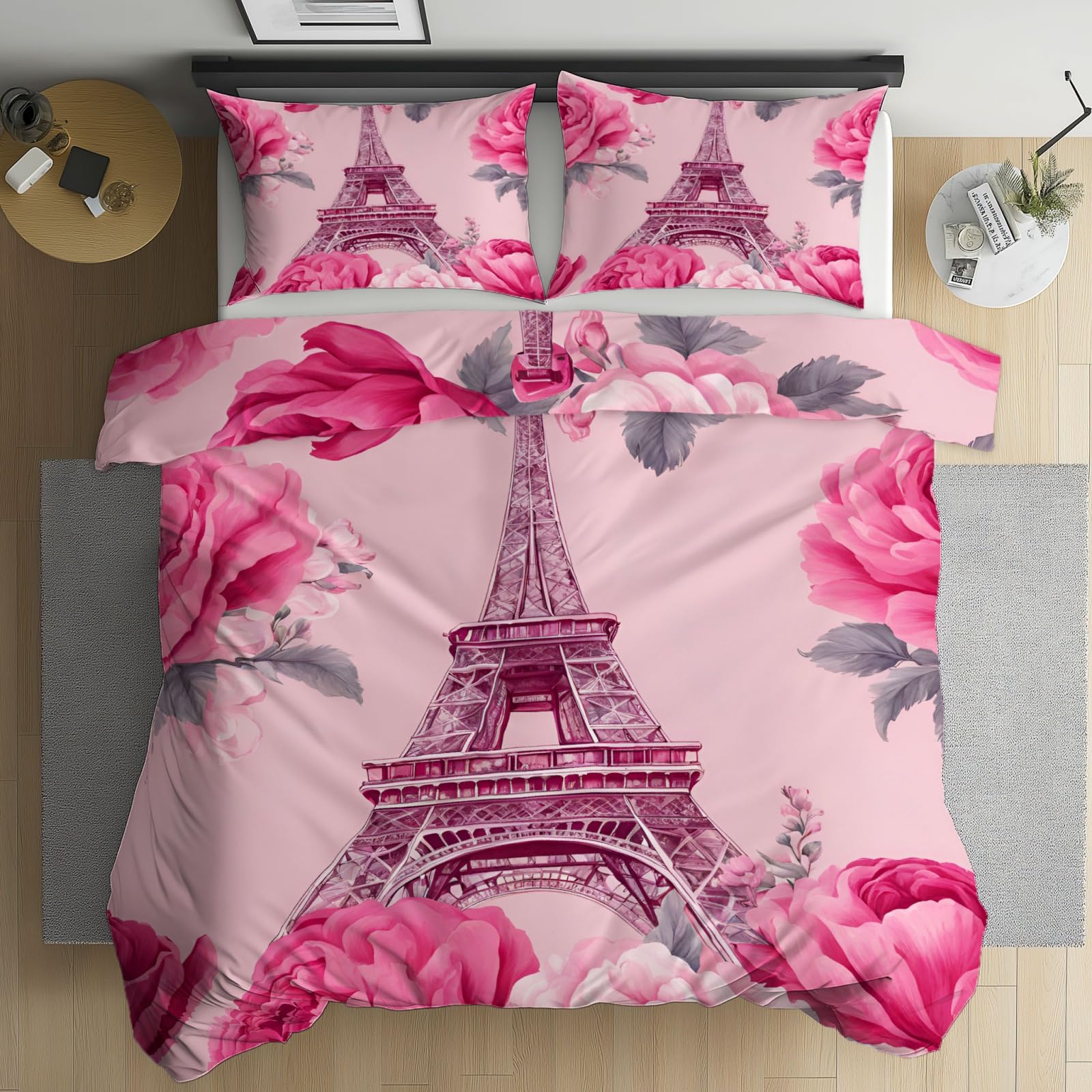 Housse de couette 140x200 Paris Tour Eiffel rose avec 2 taies d'oreiller