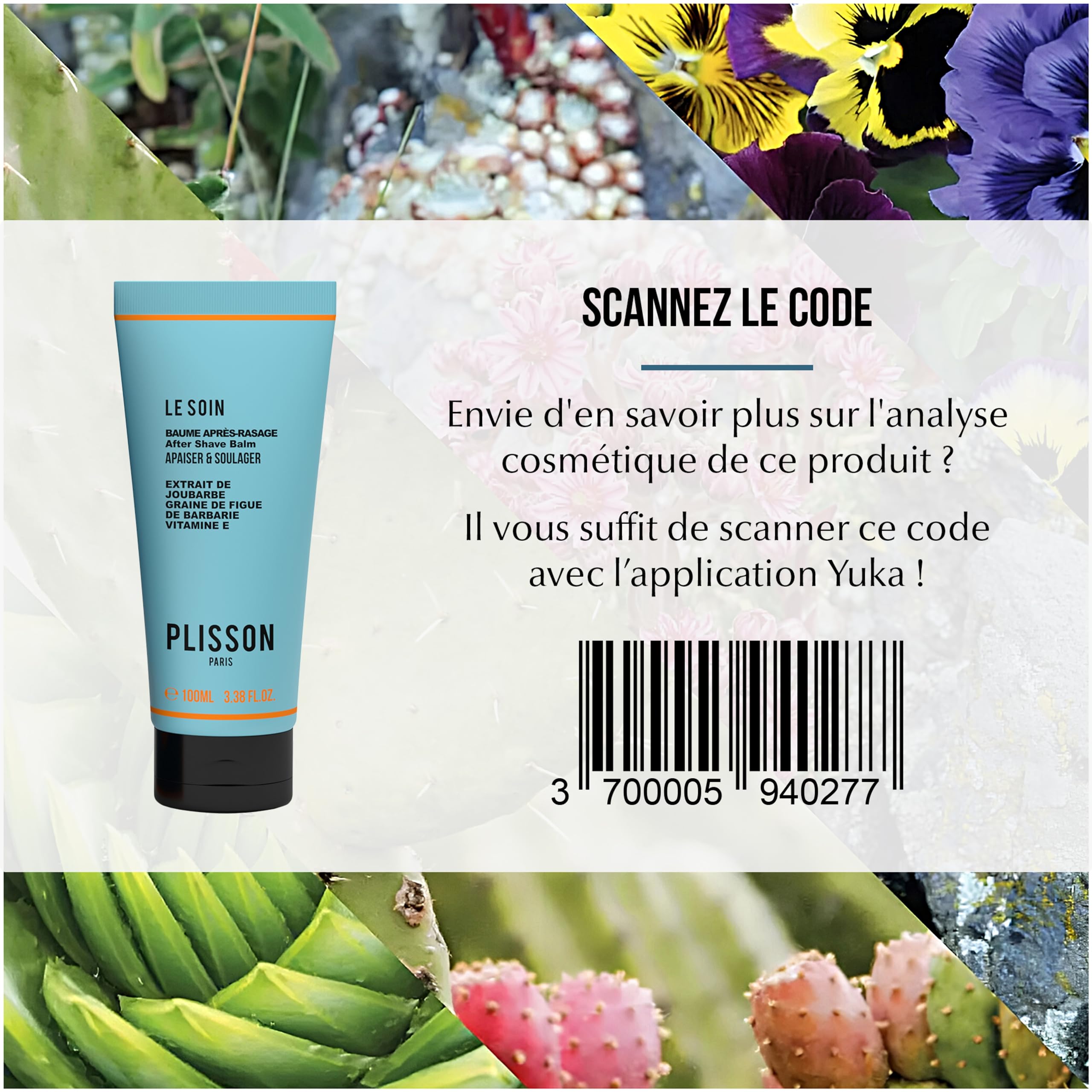 Plisson - Baume Après-Rasage Naturel - Tous Types de Peaux - 97% d’Ingrédients d’Origine Naturelle, Pensée Sauvage, Joubarbe, Grain de Figue de Barbarie et Aloé Véra - Fabrication Française - 100 ml