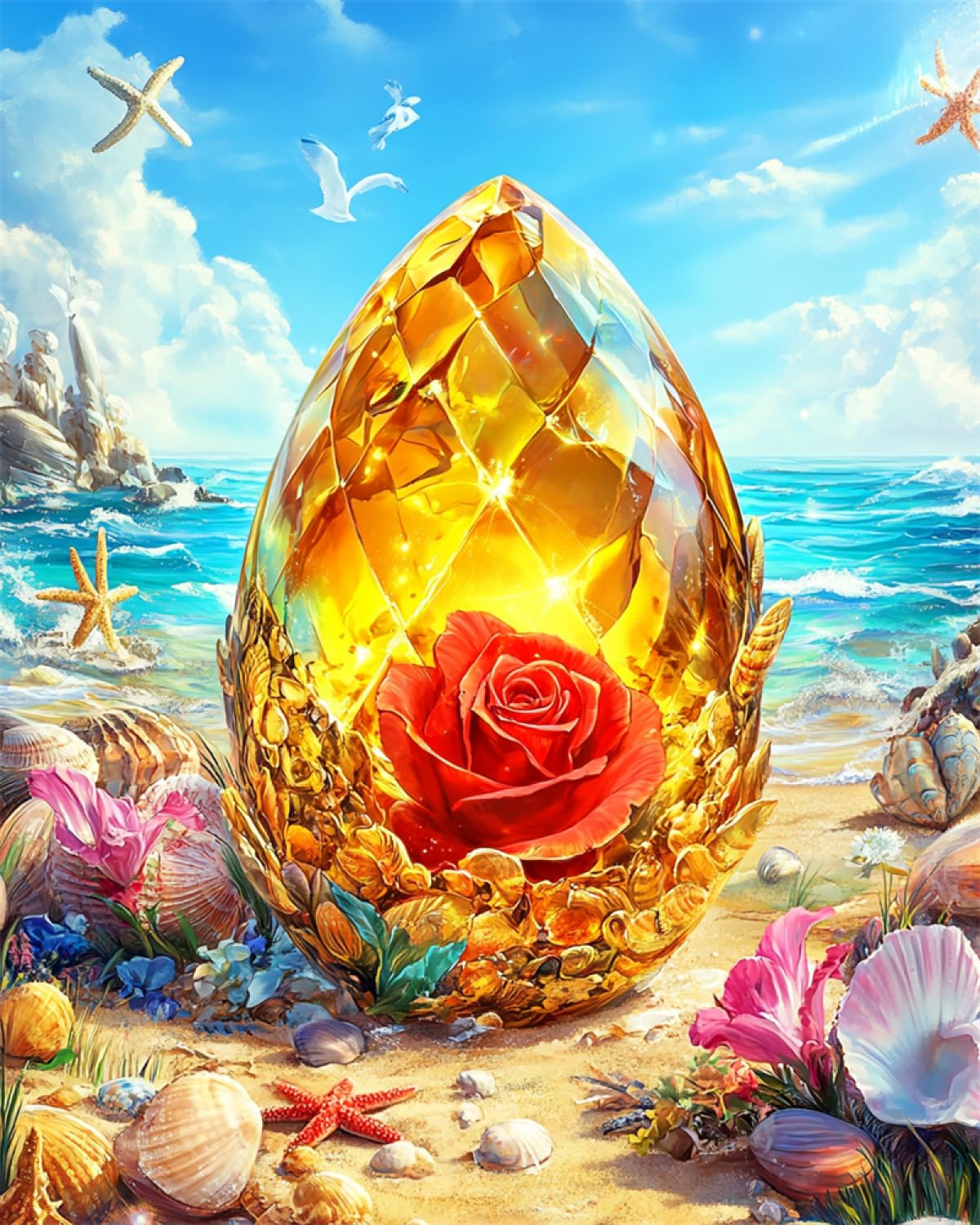 DIY Kit De Bordado Francés Con Cuentas Huevos De Fantasía Y Conchas，Paisaje Floral En La Playa. Kit De Bordado Con Cuentas Para Adultos,Set De Tapiz Con Bordado A Mano,Kits De Bordado Con 40x50cm