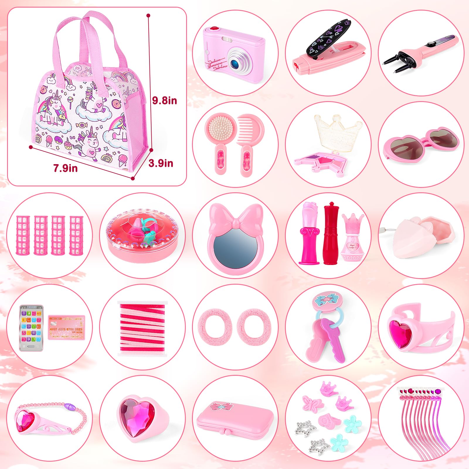 deAO Maquillaje para Niñas,Juego de Belleza Estilismo y Moda Conjunto de Accesorios Fashion Bolso de Mano Incluye Maquillaje Artificial Teléfono y Cámara de Juguete