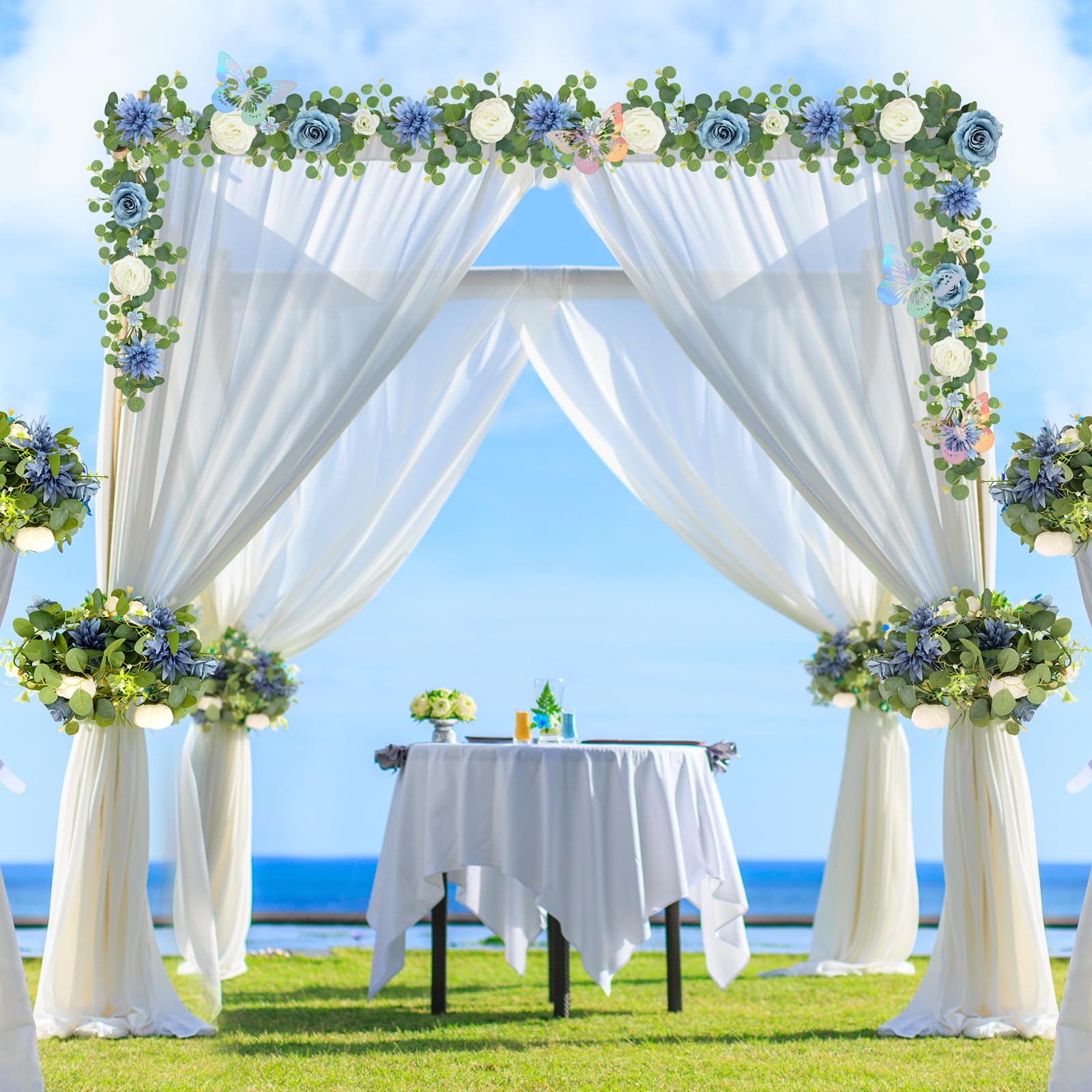 Eukalyptus-Girlande mit Blumen – 2 Stück, 150 cm, künstliche Blumengirlande mit Schmetterlingen, künstliche Rosen, grüne Girlanden für Hintergrund, Hochzeitsbogen, Tafelaufsätze,