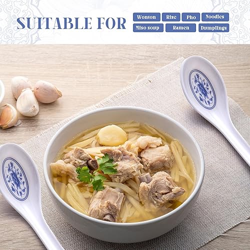 Miniatura 9 de Hushee 100 cucharas de sopa asiáticas de melamina a granel, cucharas de sopa japonesas grandes, cucharas de sopa china, cucharas blancas de ramen,