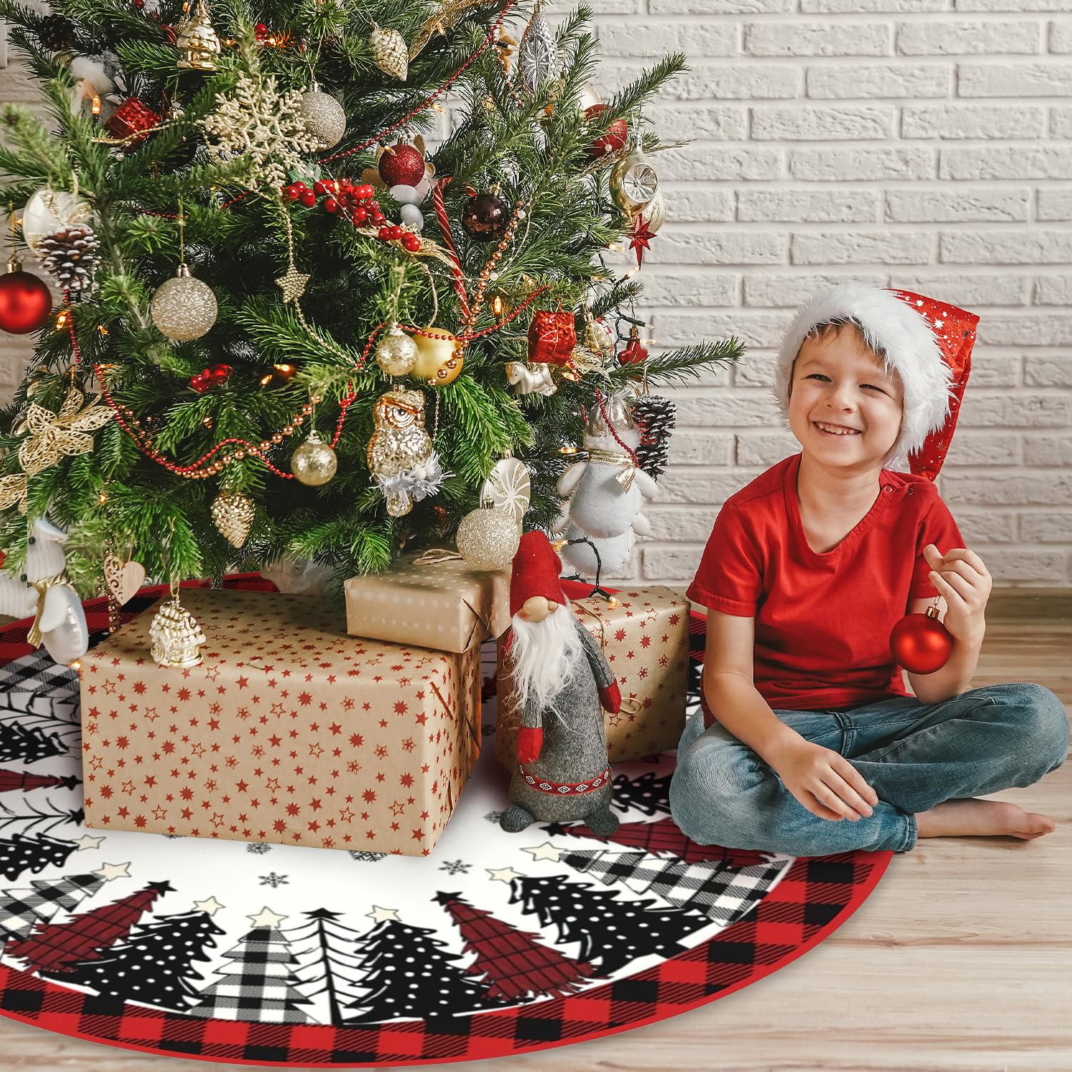 ZoneYan Falda de Árbol de Navidad, 120cm Rojo Manta para Árbol de Navidads, Alfombra arbols de Navidads, Base Arbols de Navidad, Faldon Arbol Navidades para año Nuevo Decoración (Árbol de Navidad)