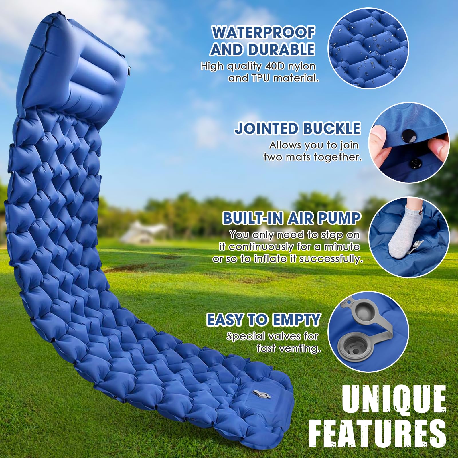 Raxfekro Camping Isomatte Luftkissen, 8cm Dicke Outdoor Selbstaufblasbare Luftmatratze, Luftmatratze mit Fußpresse Pumpe und Kissen für Wandern, Reise, Strand