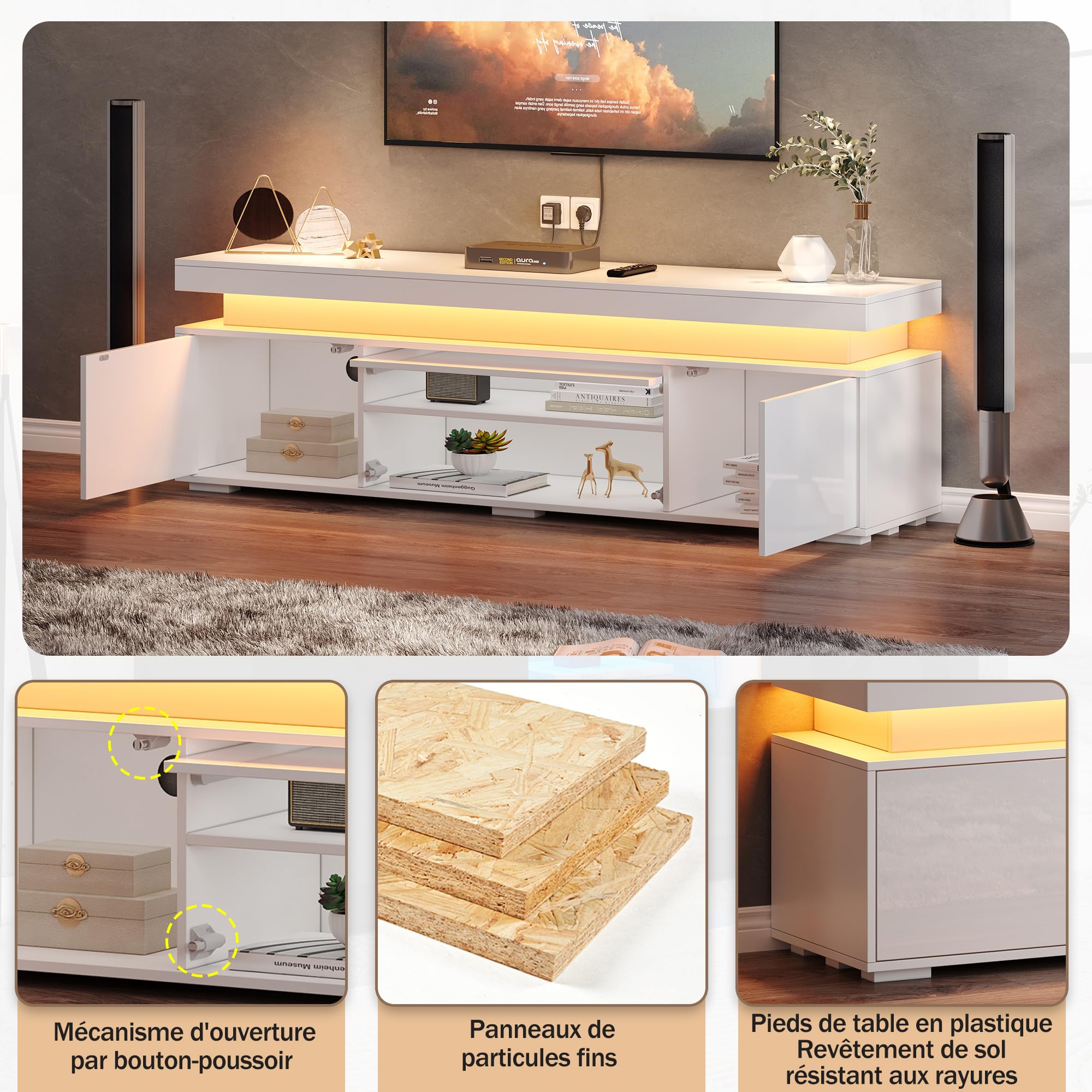 Meuble TV Bois Moderne 150 cm, 3 Portes avec LED, Meuble TV Blanc de Salon pour Petits Espaces, Meuble Télé Haut Rangement Bas pour Télévision