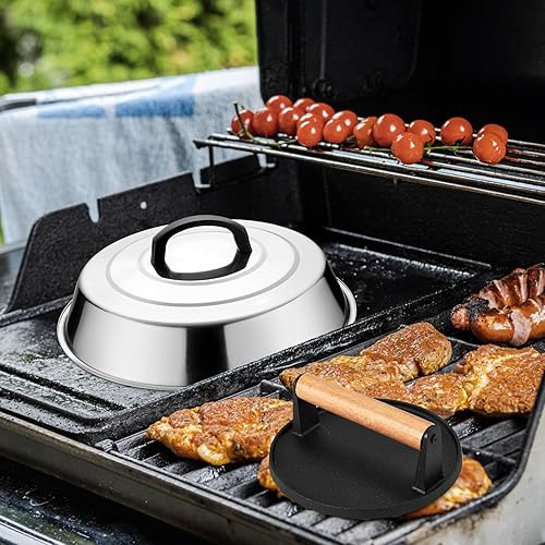 Miniatura 8 de Leonyo Cúpula de fusión y prensa de parrilla de hierro fundido, cubierta de hilvanado de 12 pulgadas con prensa redonda de tocino, triturador de