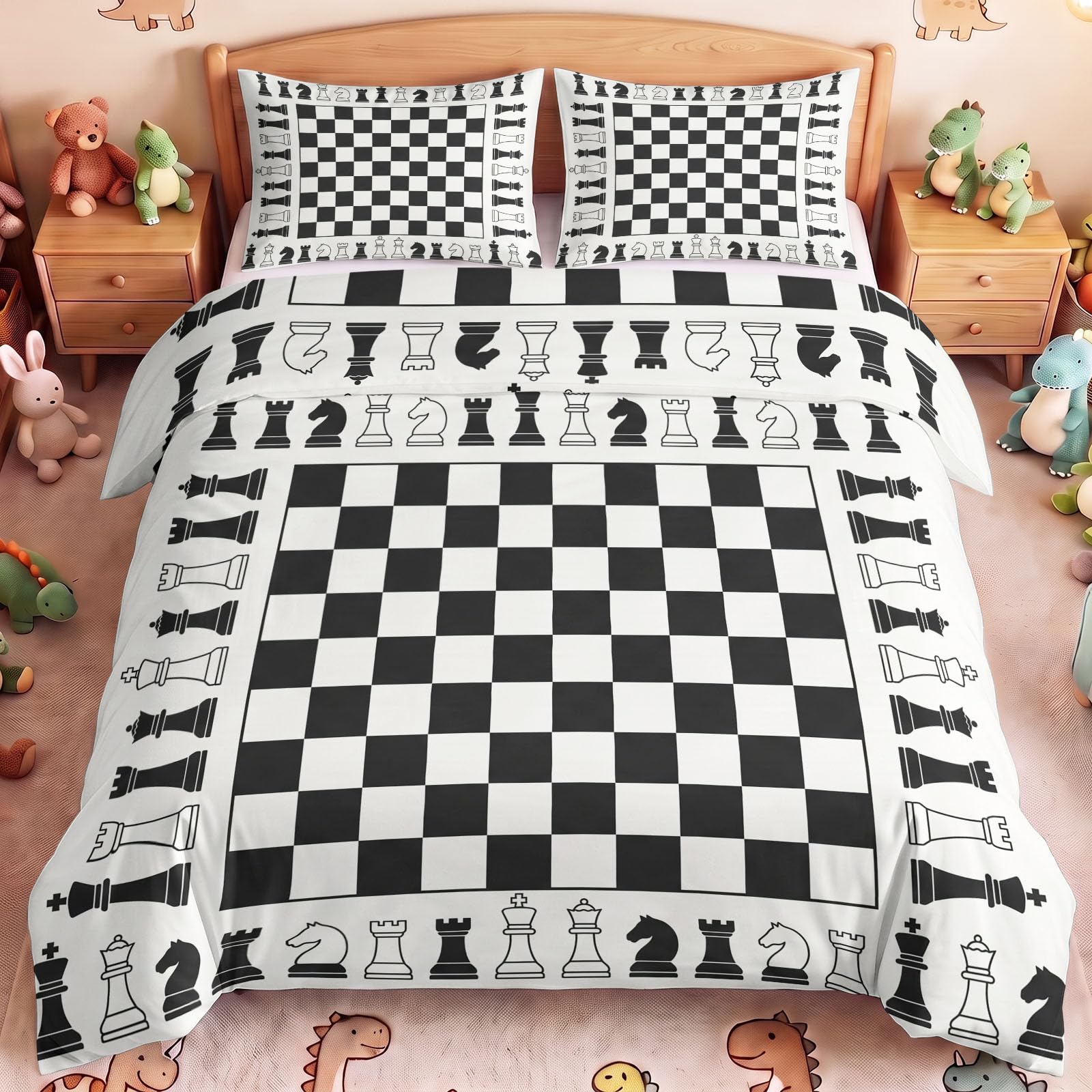Générique Zestaw pościeli dziecięcej 200 x 200 cm - Styl zabawy | Wzór szachownicy - oddychająca poszewka na kołdrę z nadrukiem, szara dekoracja pokoju z poszewką dla chłopców i dziewcząt